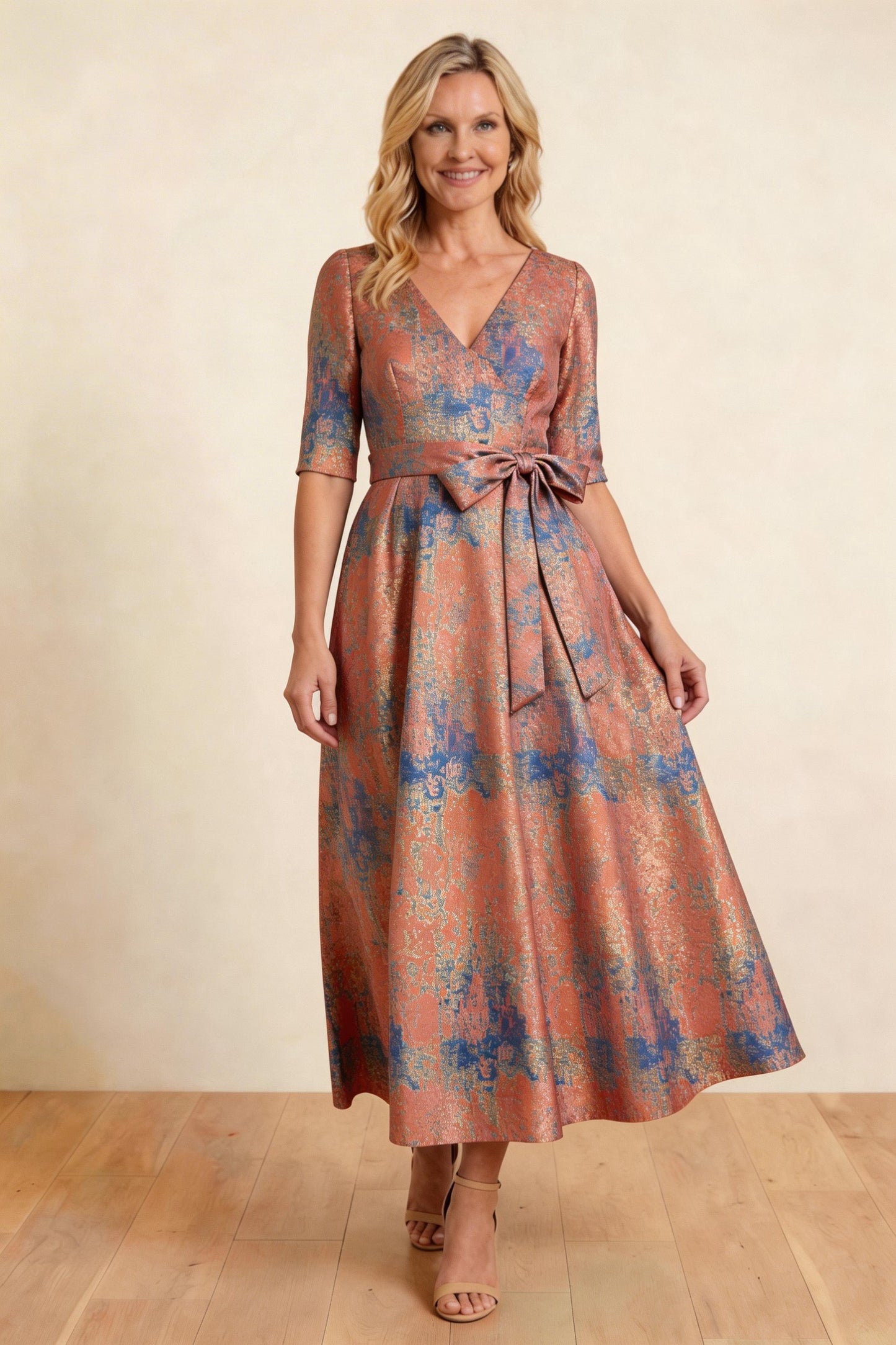 A-Line Tea-Length Jacquard Mother of the Bride Dress CM0424