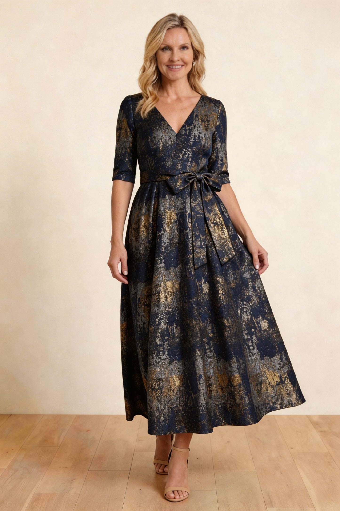 A-Line Tea-Length Jacquard Mother of the Bride Dress CM0424