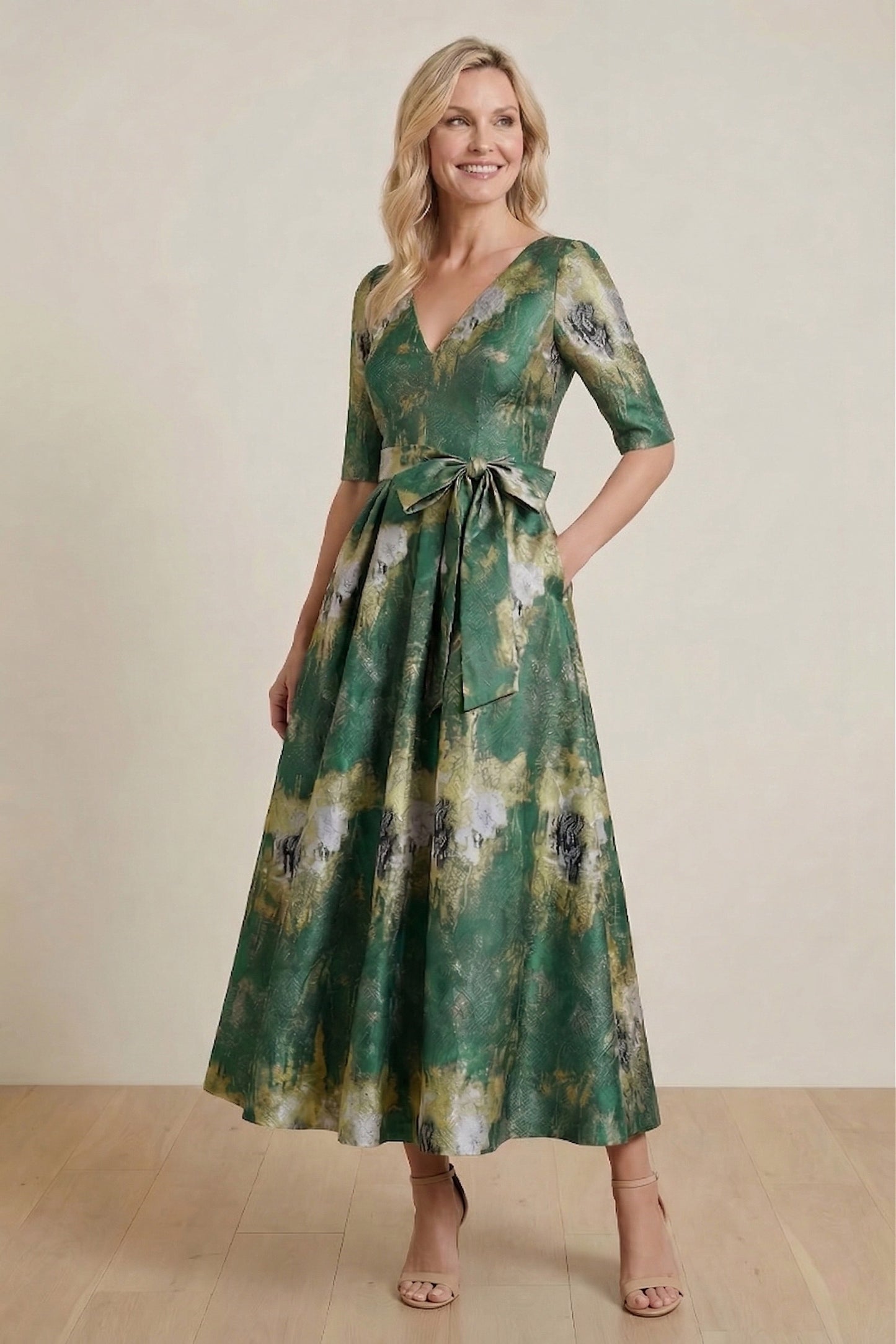 A-Line Tea-Length Jacquard Mother of the Bride Dress CM0424