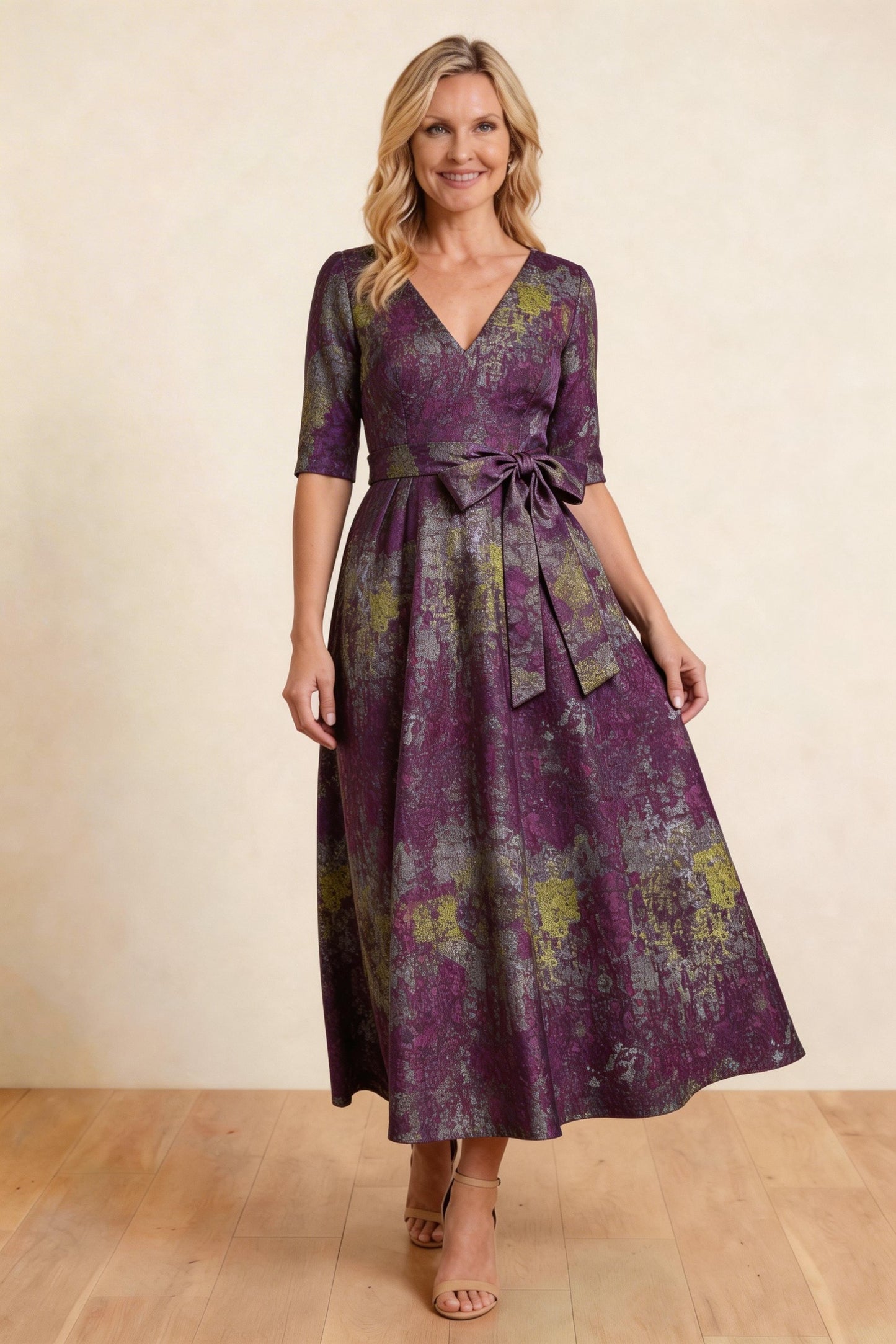 A-Line Tea-Length Jacquard Mother of the Bride Dress CM0424
