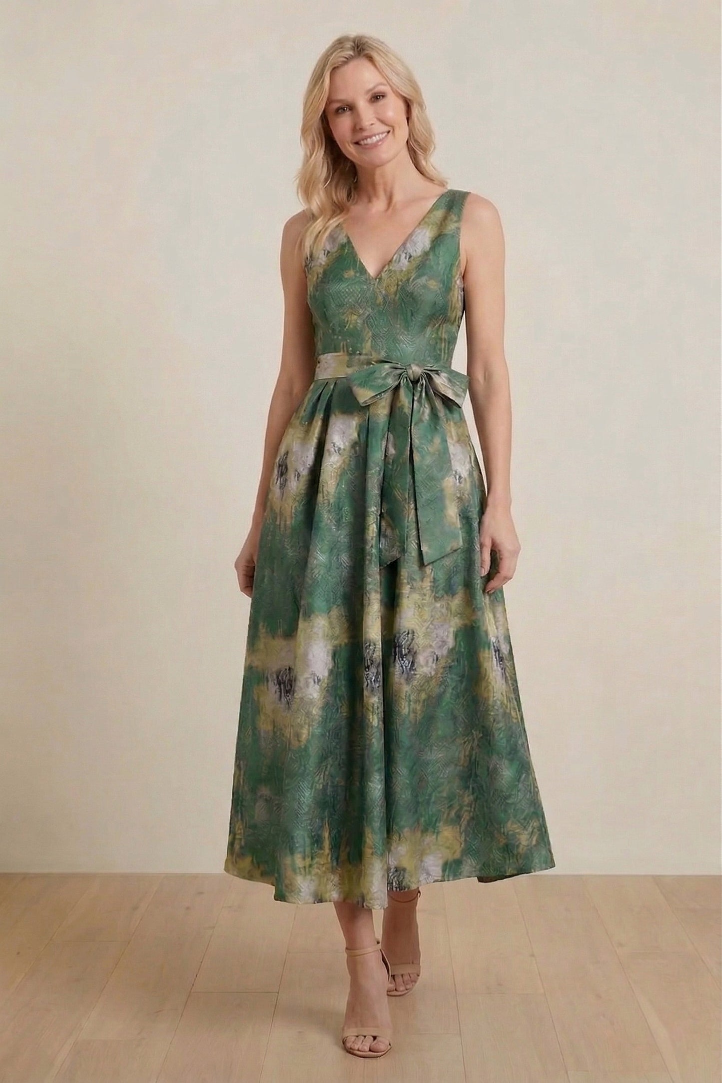 A-Line Tea-Length Jacquard Mother of the Bride Dress CM0425