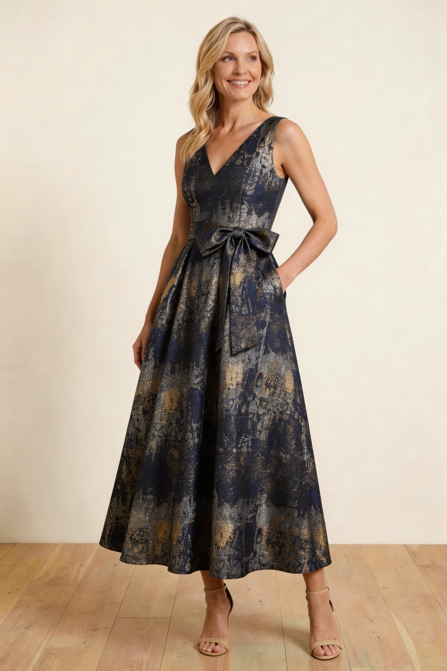 A-Line Tea-Length Jacquard Mother of the Bride Dress CM0425