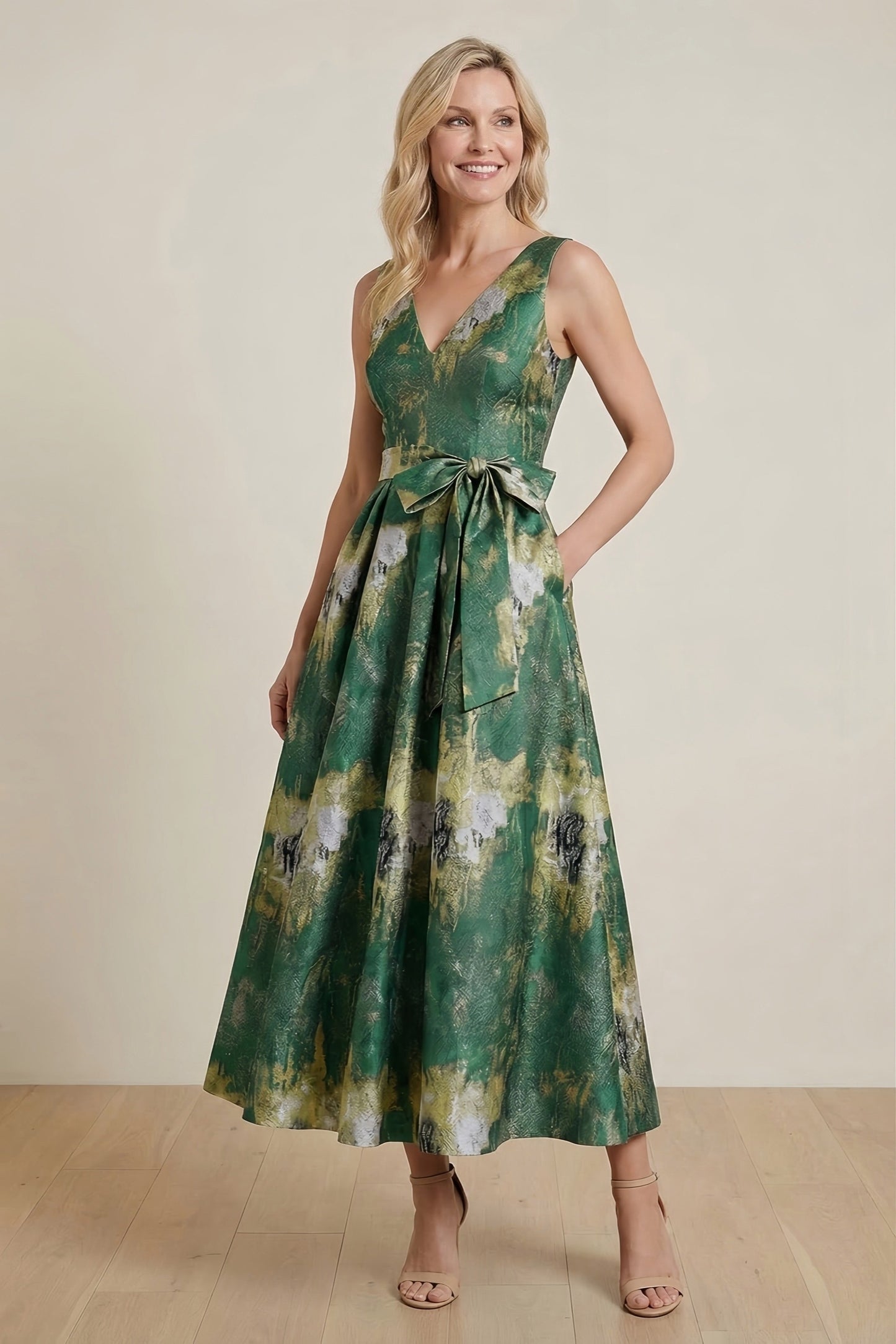 A-Line Tea-Length Jacquard Mother of the Bride Dress CM0425