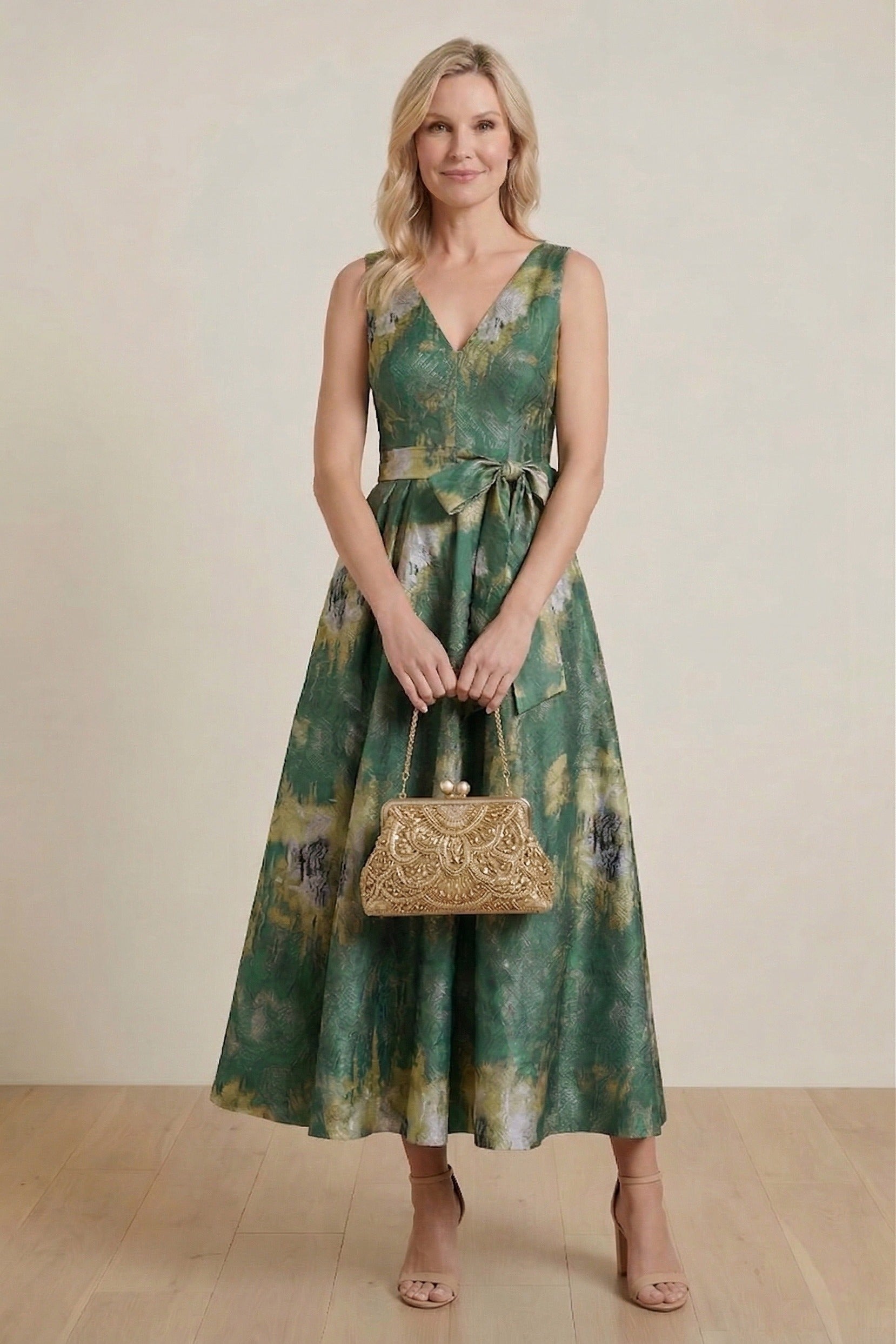 A-Line Tea-Length Jacquard Wedding Guest Mother of the Bride Dress COCOMELODY CM0425, Dark Navy Floral A-Line Tea-Length Jacquard Wedding Guest Mother of the Bride Dress COCOMELODY CM0425, Dark Navy Floral