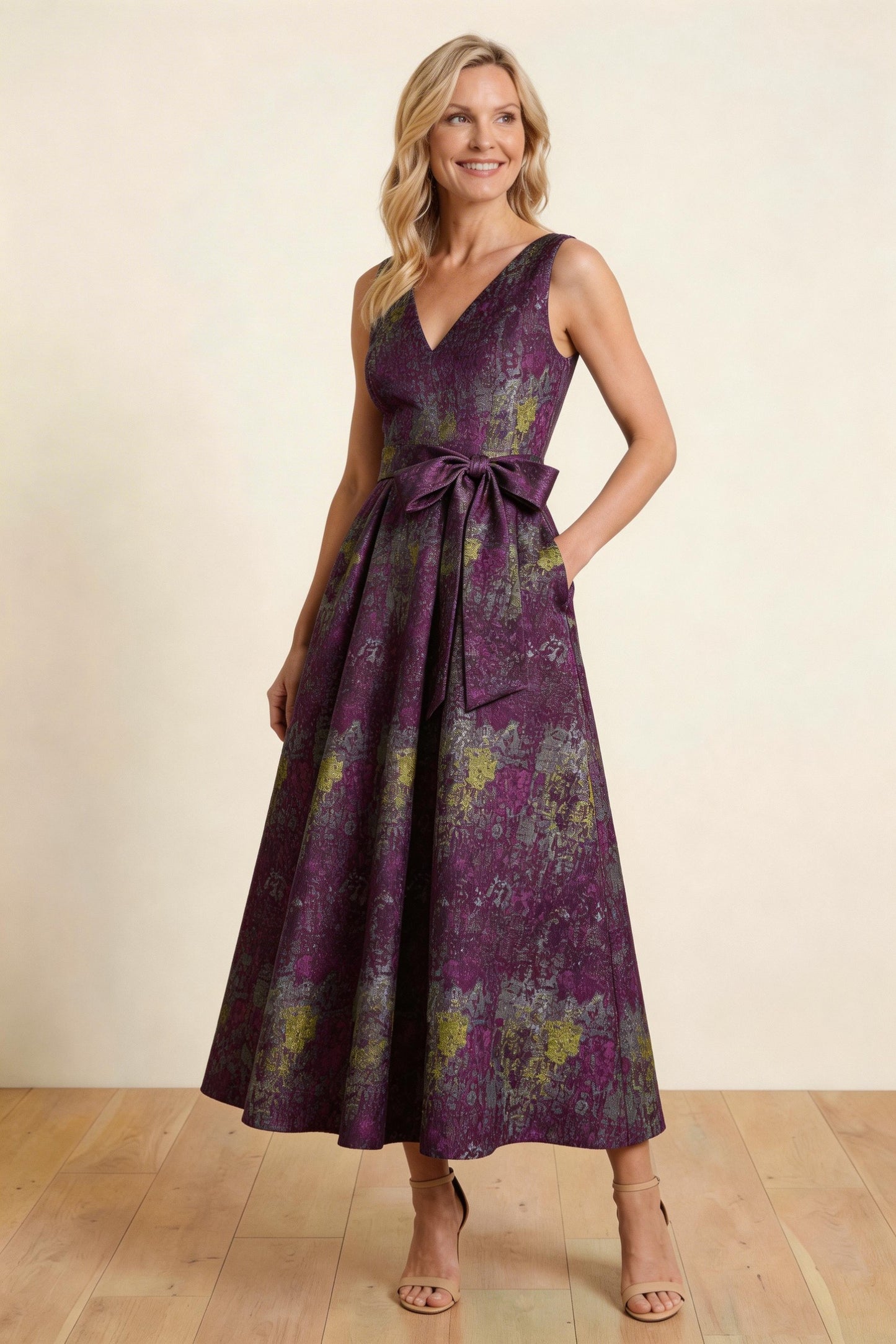 A-Line Tea-Length Jacquard Mother of the Bride Dress CM0425