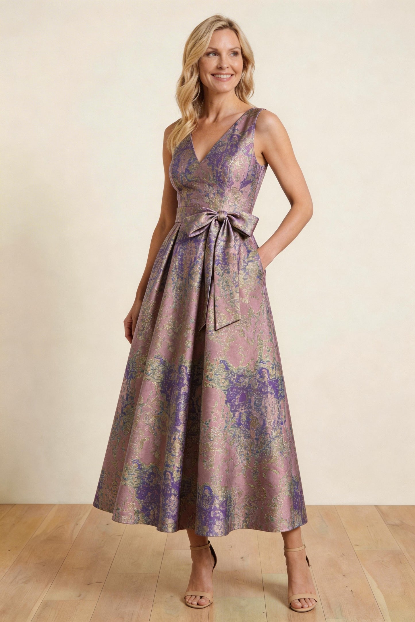 A-Line Tea-Length Jacquard Mother of the Bride Dress CM0425