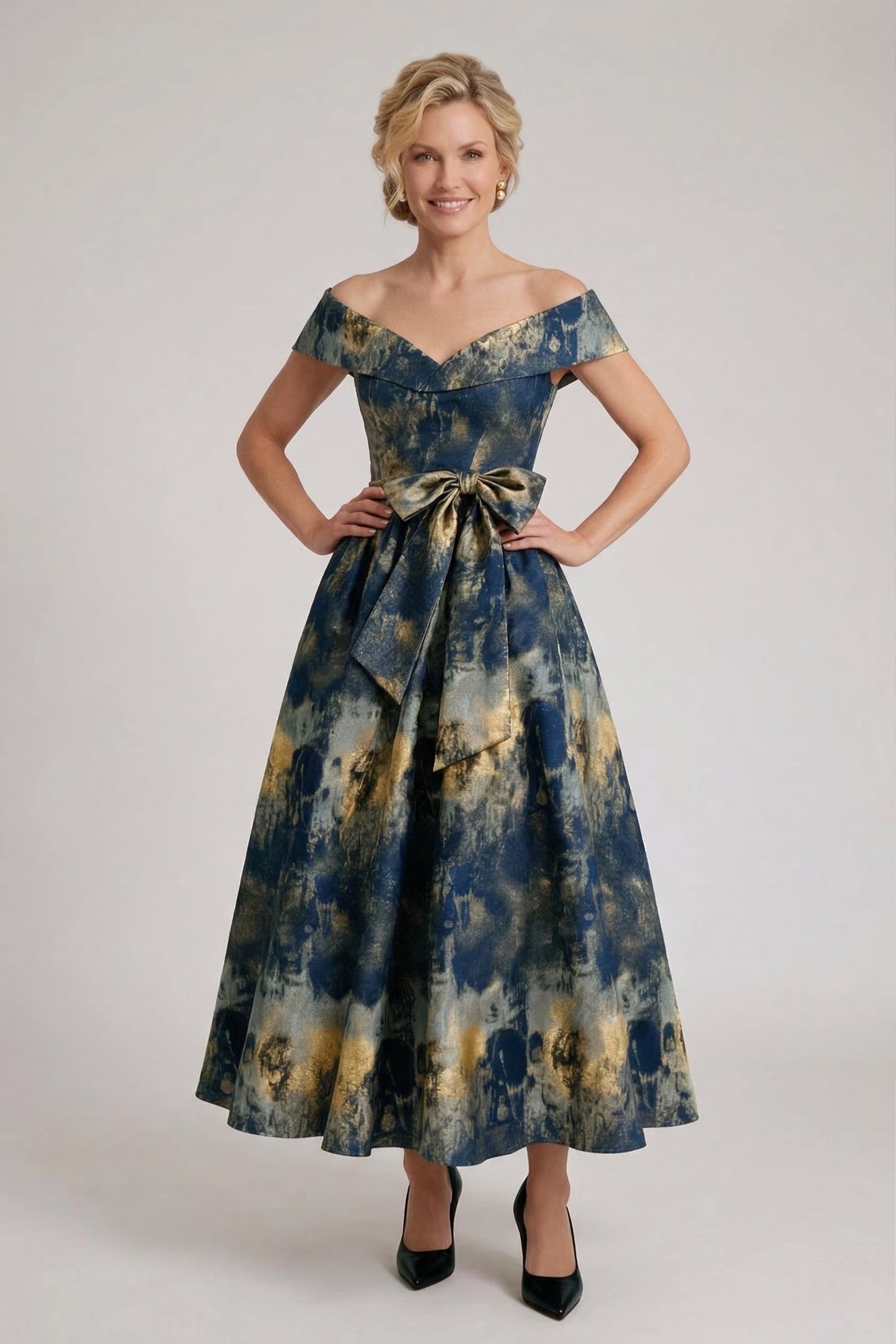 A-Line Tea-Length Jacquard Mother of the Bride Dress CM0427