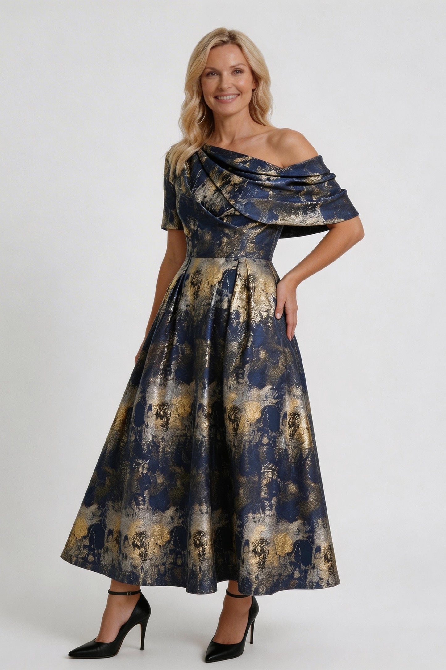 A-Line Tea-Length Jacquard Mother of the Bride Dress CM0428