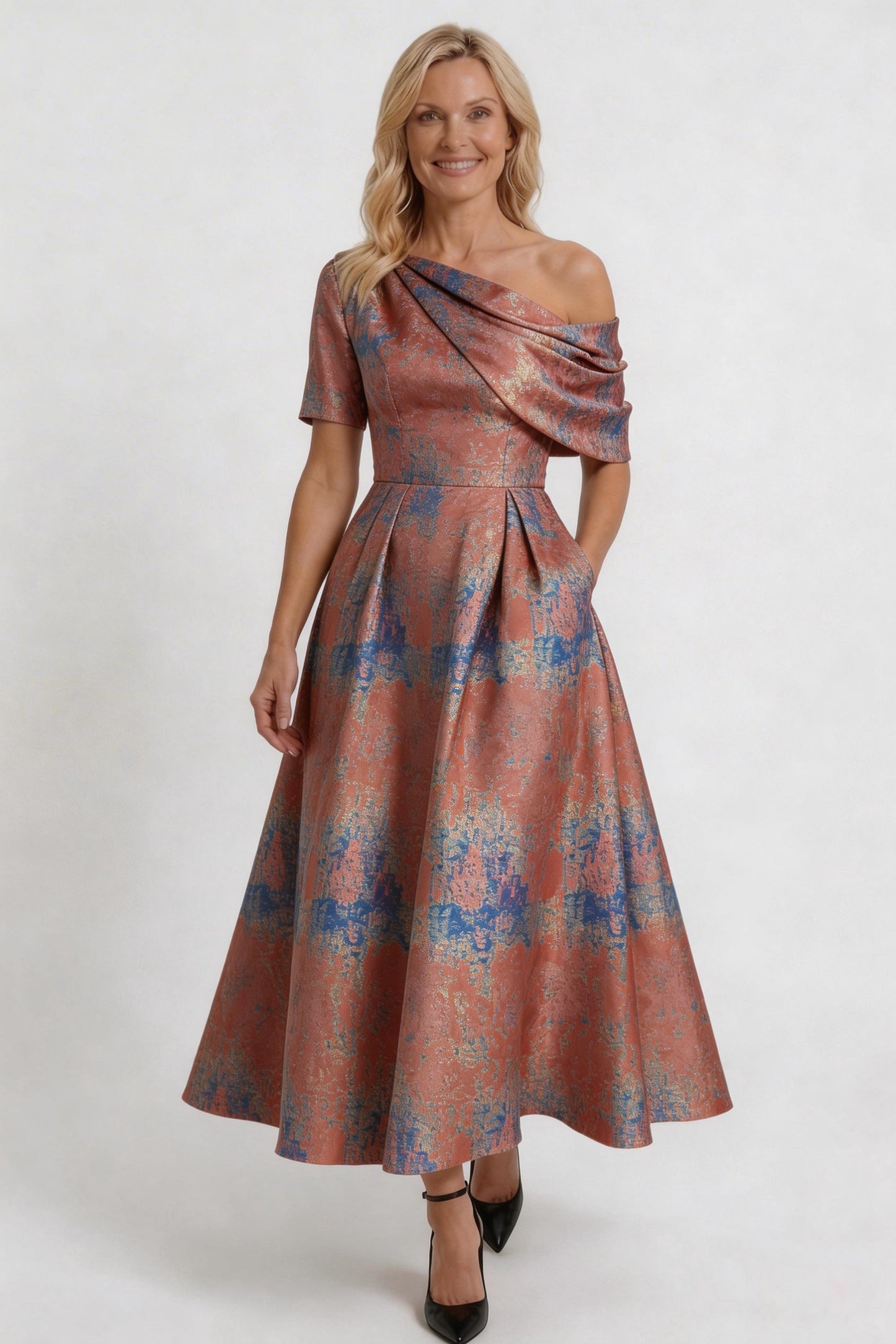 A-Line Tea-Length Jacquard Mother of the Bride Dress CM0428