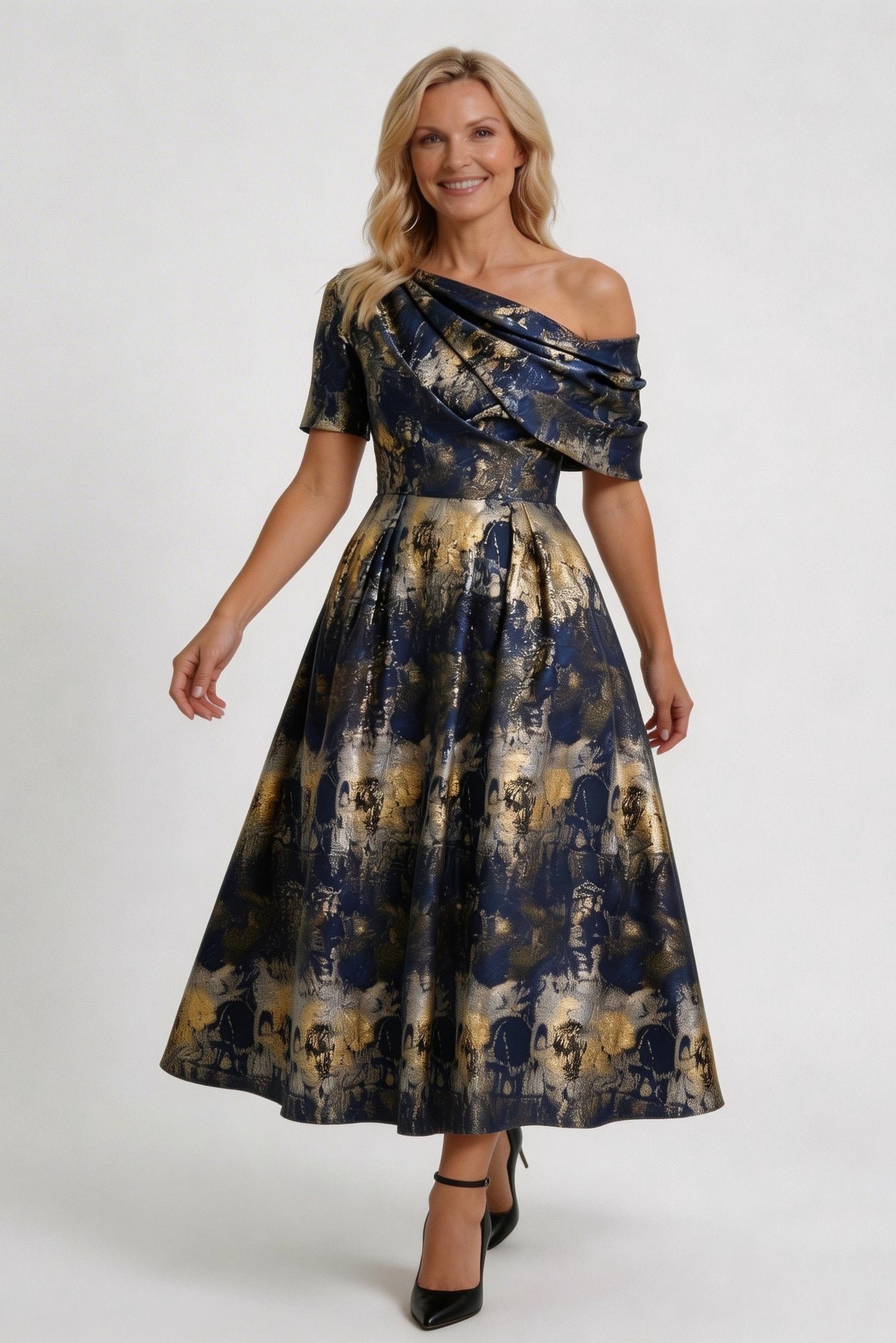 A-Line Tea-Length Jacquard Mother of the Bride Dress CM0428