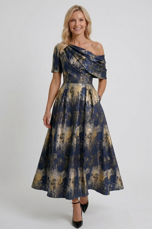 A-Line Tea-Length Jacquard Mother of the Bride Dress CM0428