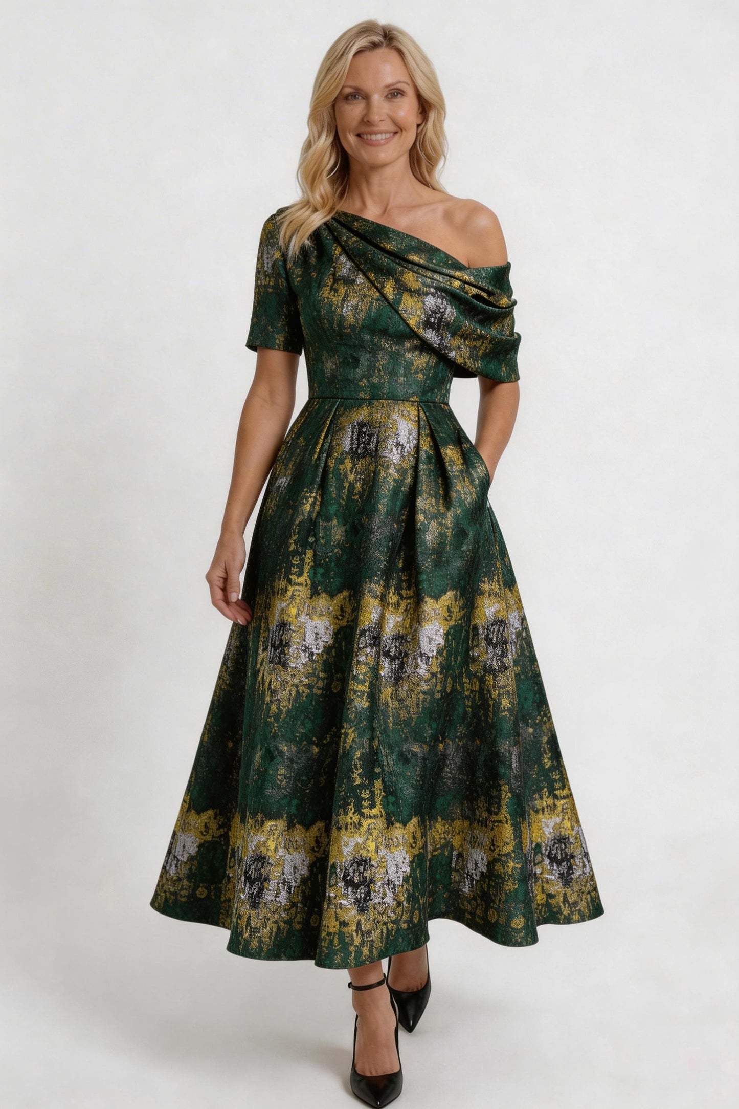 A-Line Tea-Length Jacquard Mother of the Bride Dress CM0428