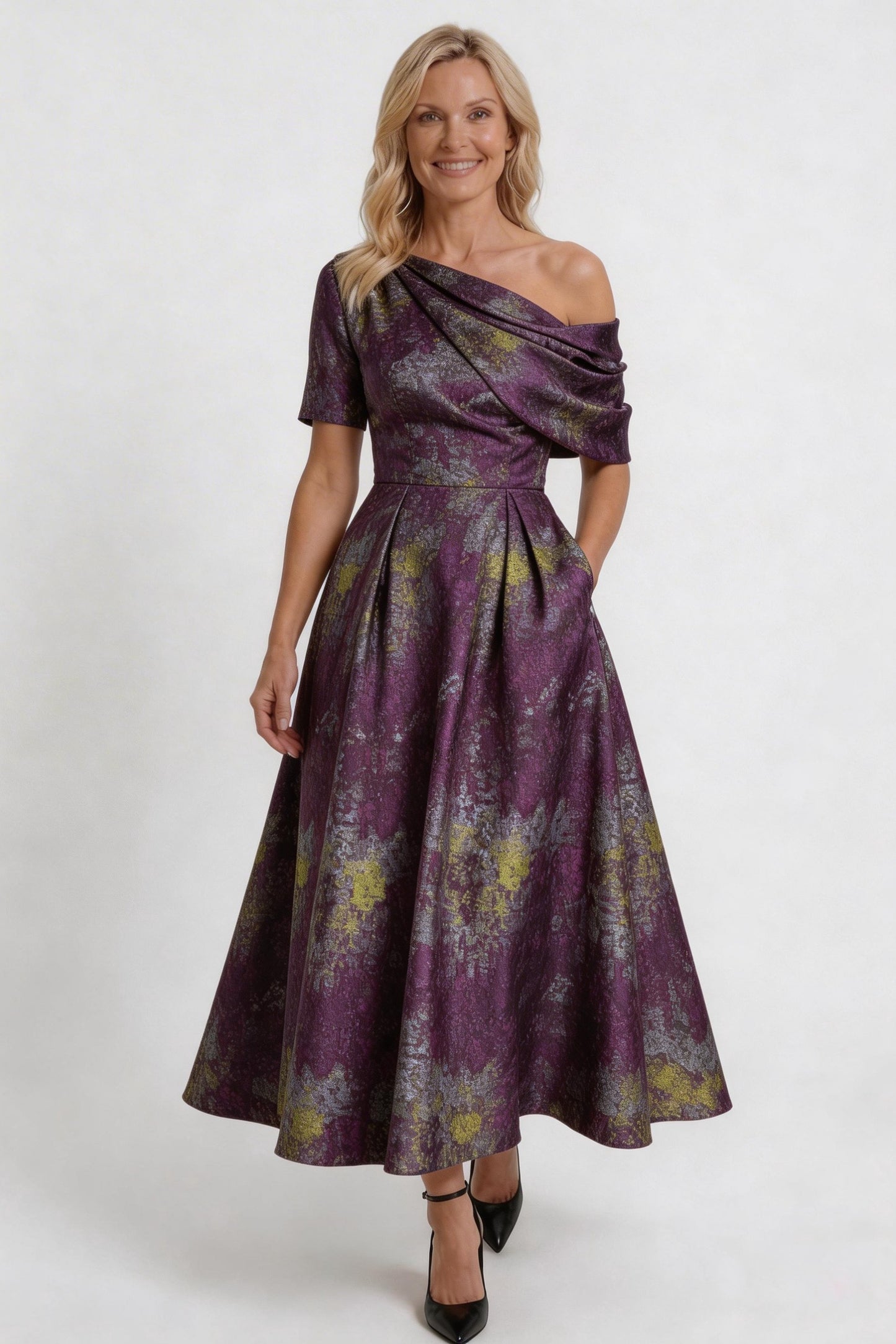 A-Line Tea-Length Jacquard Mother of the Bride Dress CM0428