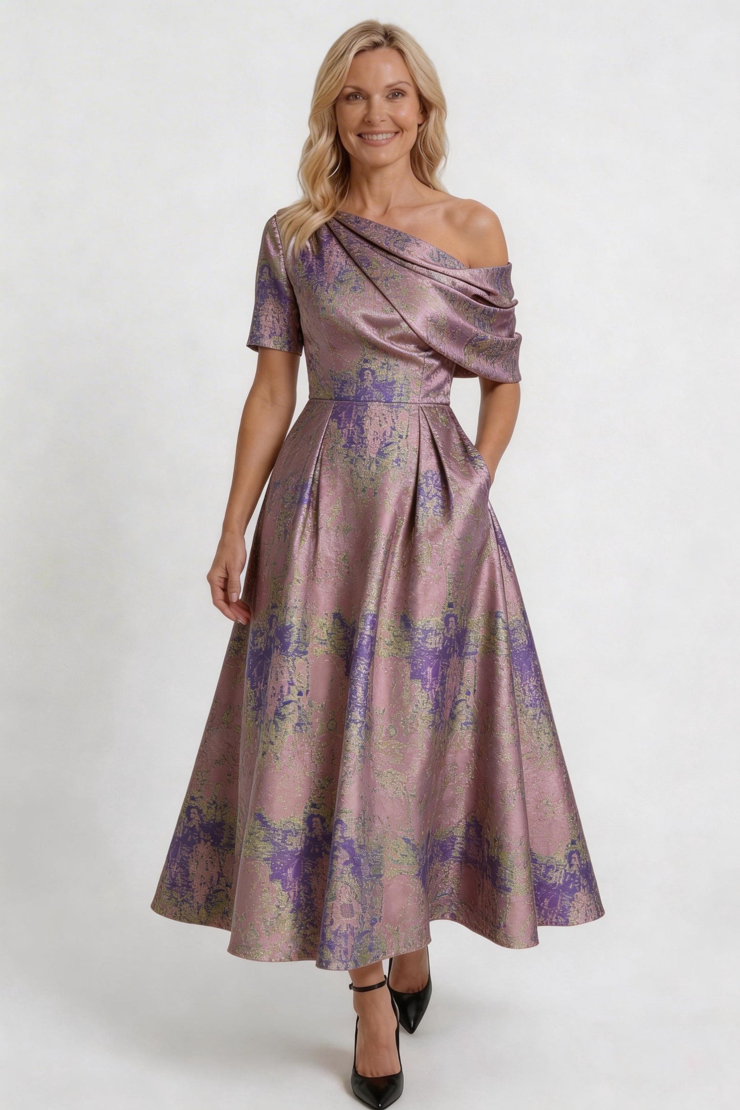 A-Line Tea-Length Jacquard Mother of the Bride Dress CM0428