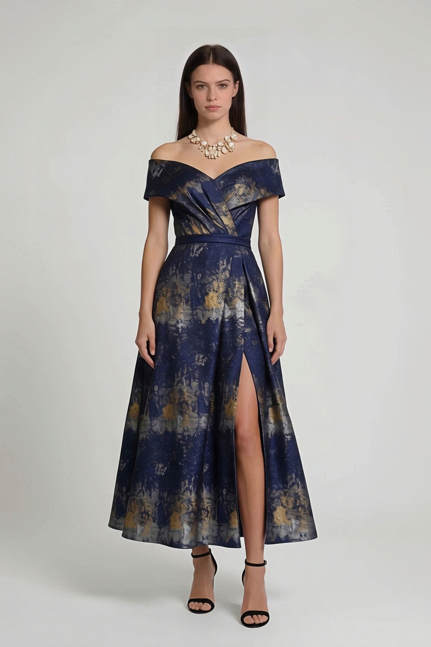 A-Line Tea-Length Jacquard Mother of the Bride Dress CM0429