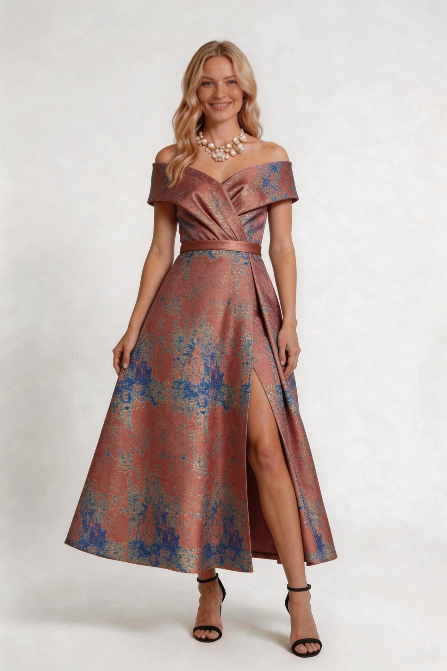 A-Line Tea-Length Jacquard Mother of the Bride Dress CM0429