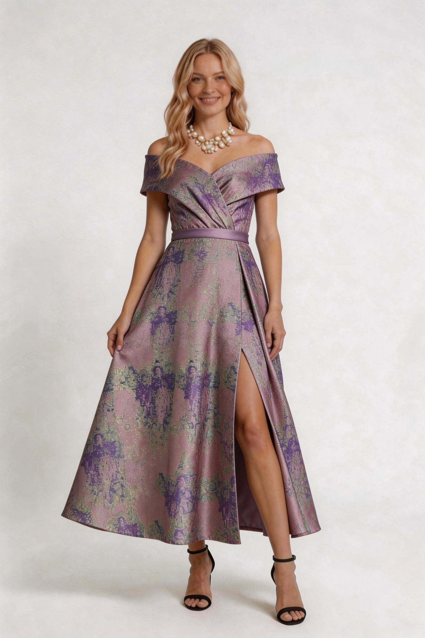 A-Line Tea-Length Jacquard Mother of the Bride Dress CM0429
