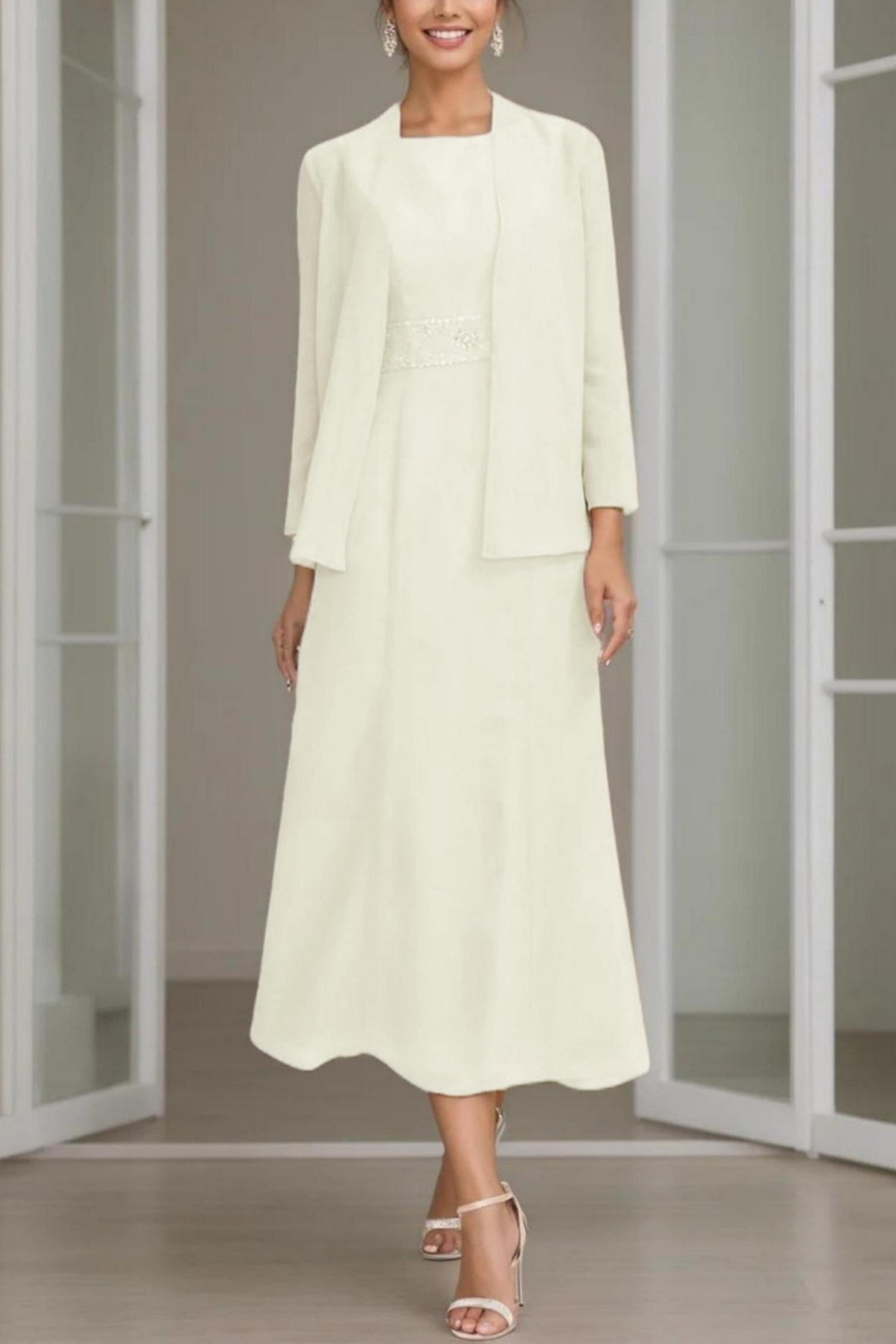A-Line Tea Length Chiffon Mother of the Bride Dress Bateau Neck