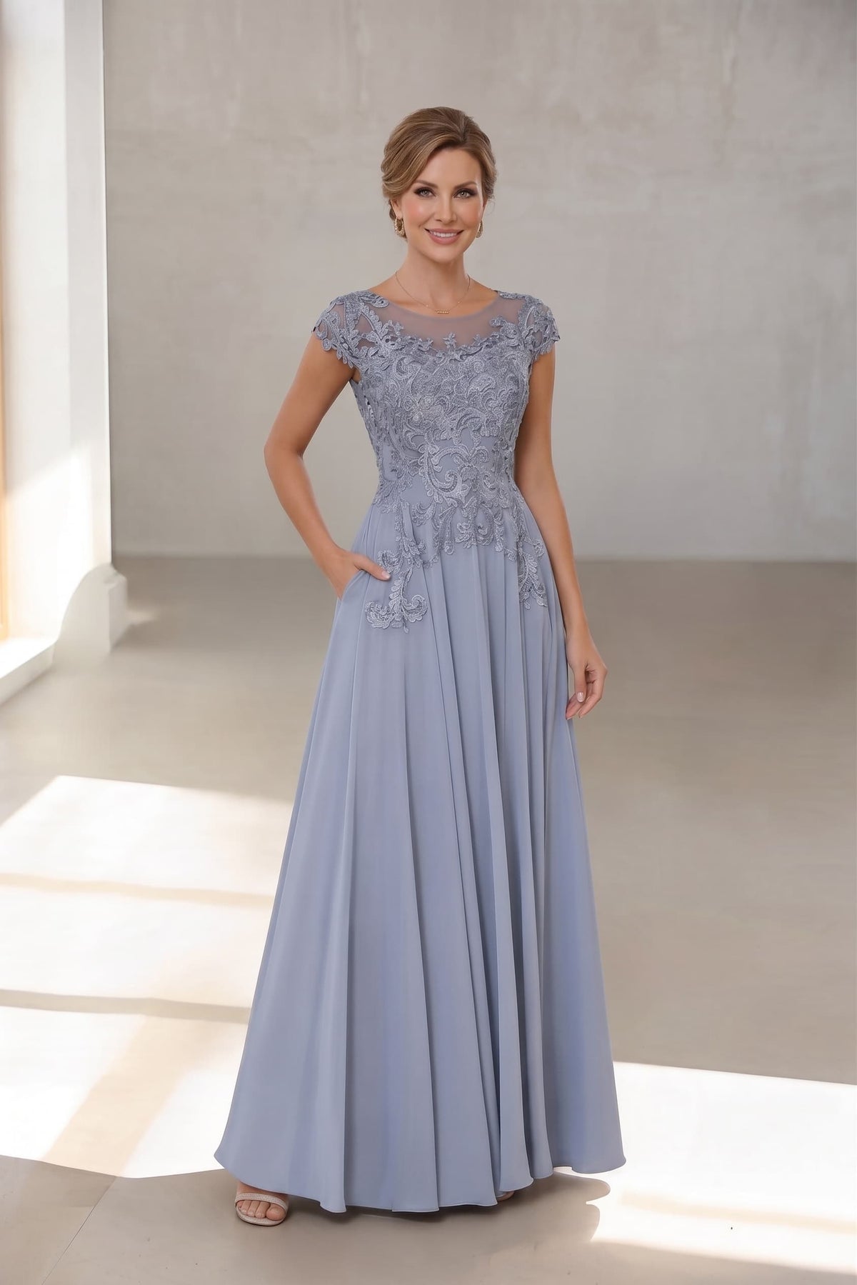 A-Line Floor Length Chiffon Mother of the Bride Dress CM0437 - Dusty Blue - COCOMELODY