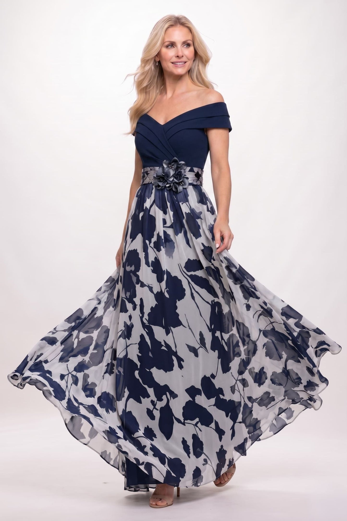 A-Line Maxi Stretch Satin Printed Chiffon Mother of the Bride Dress CM0440