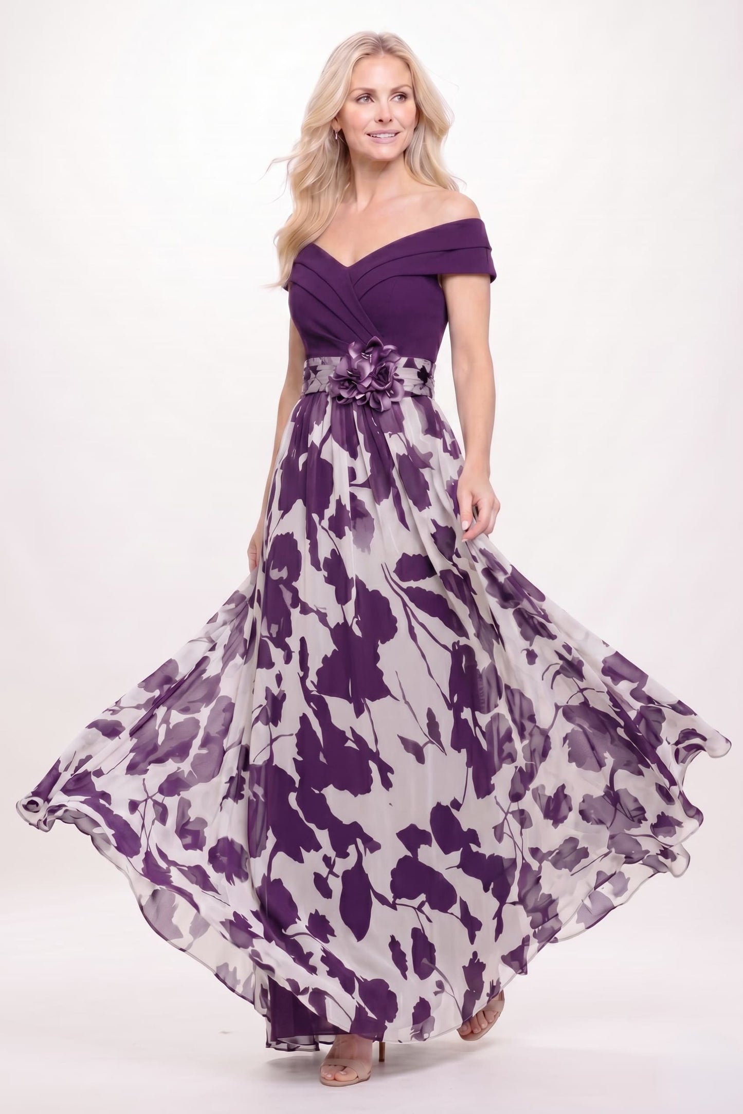 A-Line Maxi Stretch Satin Printed Chiffon Mother of the Bride Dress CM0440