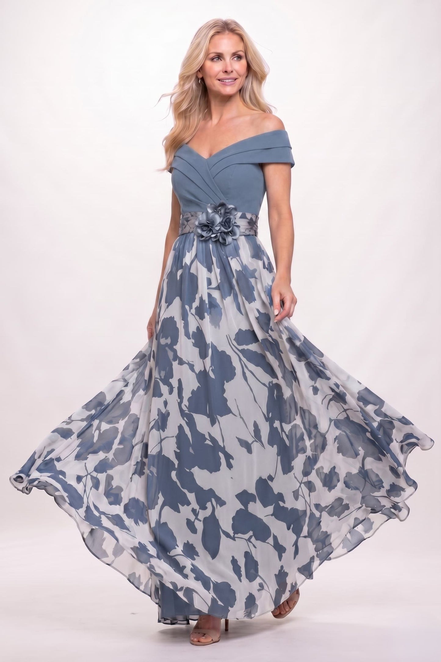 A-Line Maxi Stretch Satin Printed Chiffon Mother of the Bride Dress CM0440