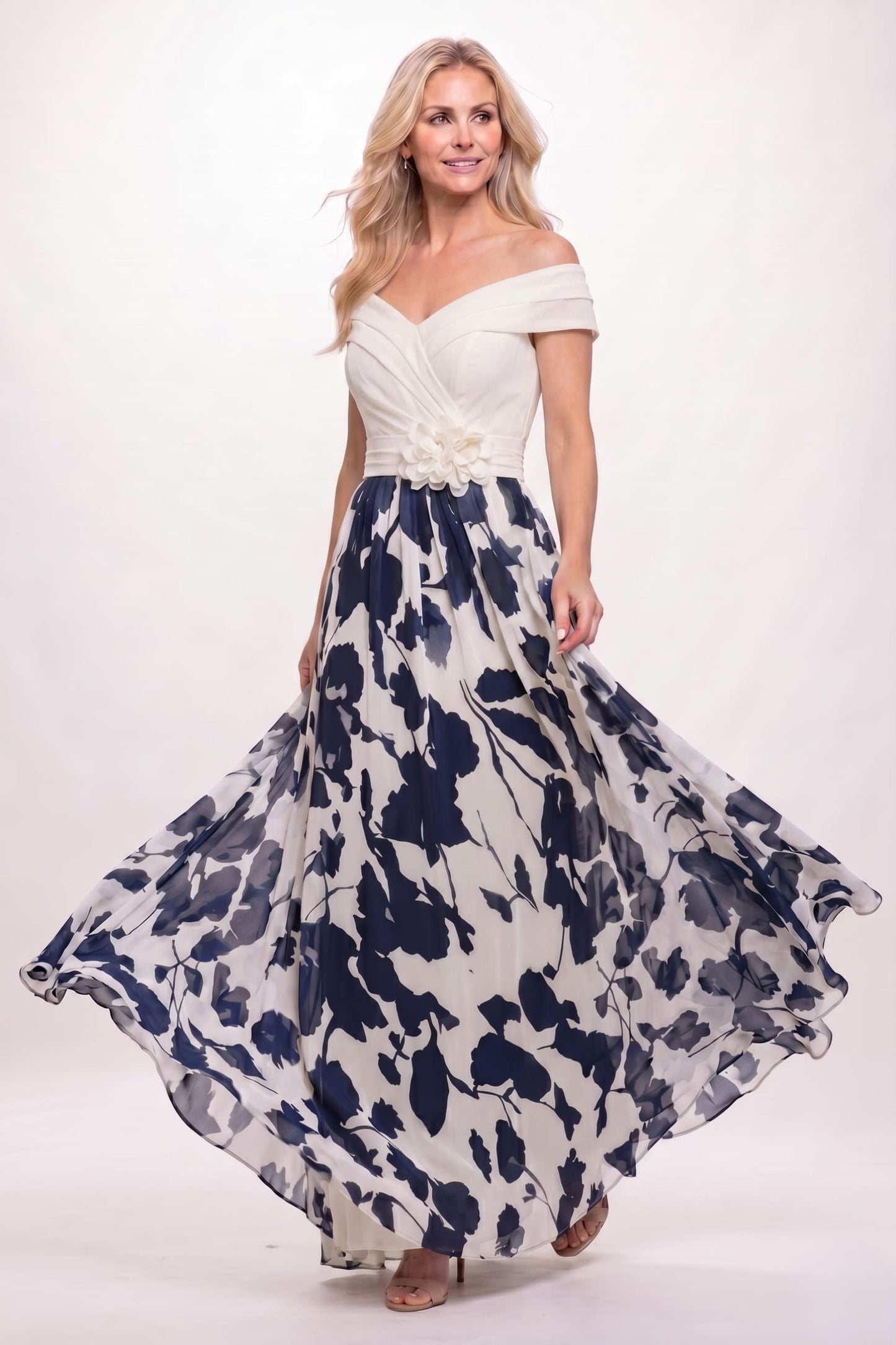 A-Line Maxi Stretch Satin Printed Chiffon Mother of the Bride Dress CM0440
