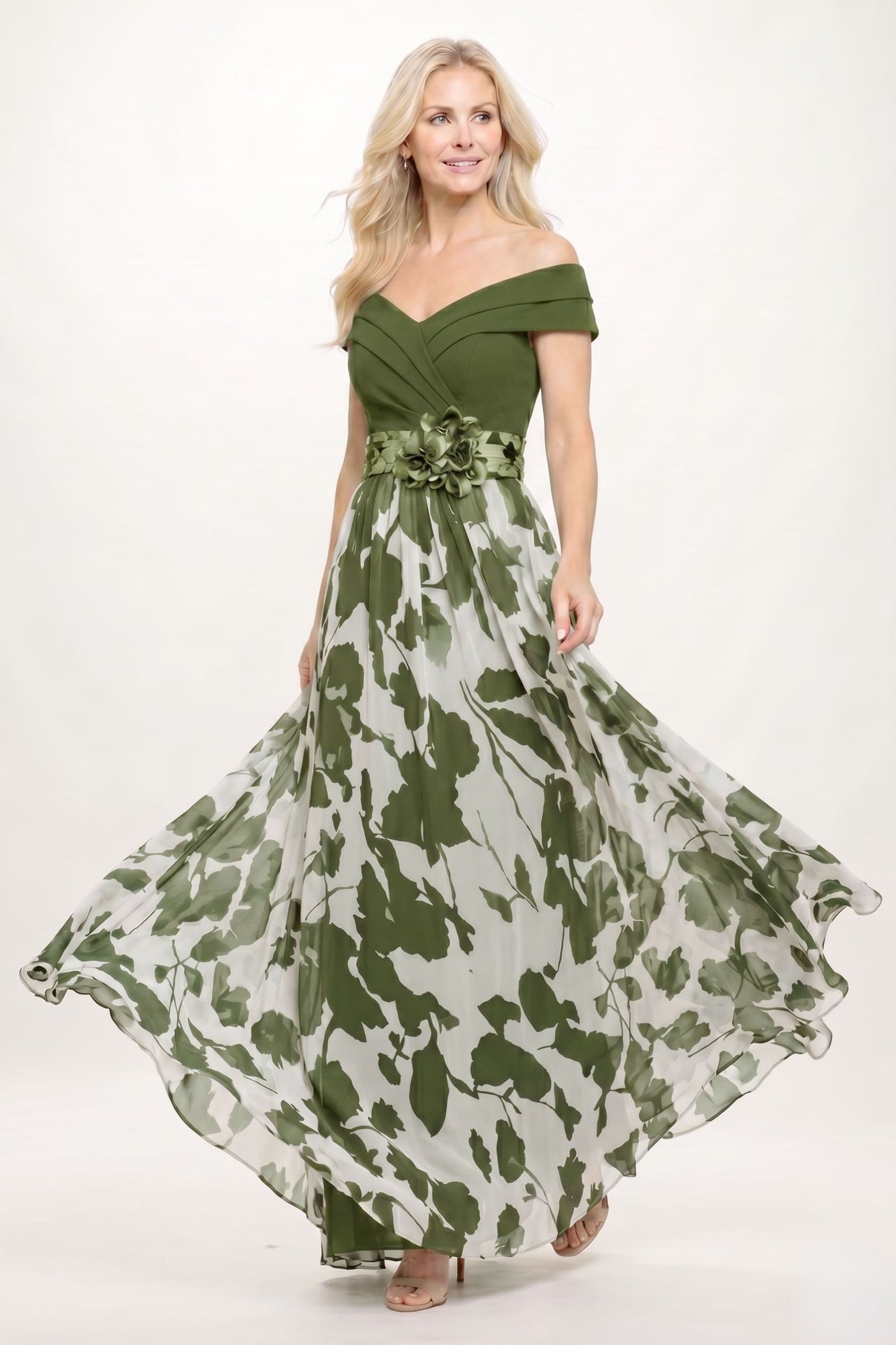 A-Line Maxi Stretch Satin Printed Chiffon Mother of the Bride Dress CM0440