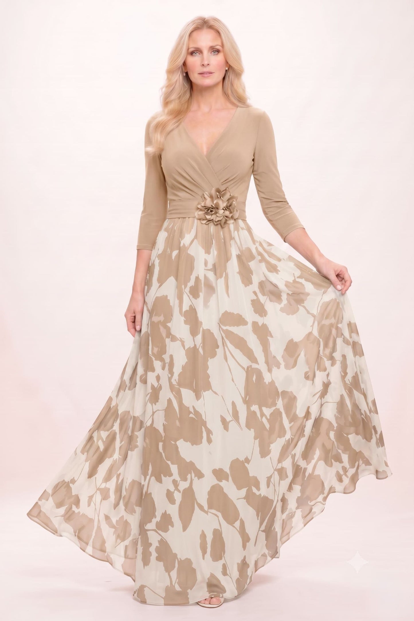 A-Line Maxi Stretch Satin Printed Chiffon Mother of the Bride Dress CM0441