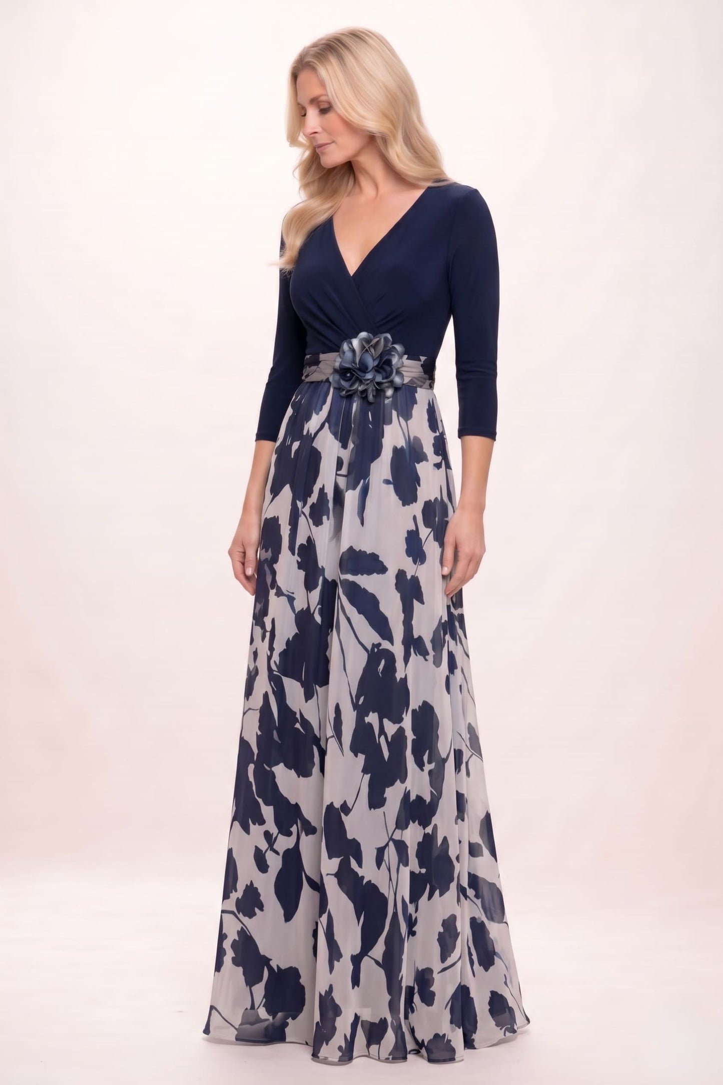 A-Line Maxi Stretch Satin Printed Chiffon Mother of the Bride Dress CM0441