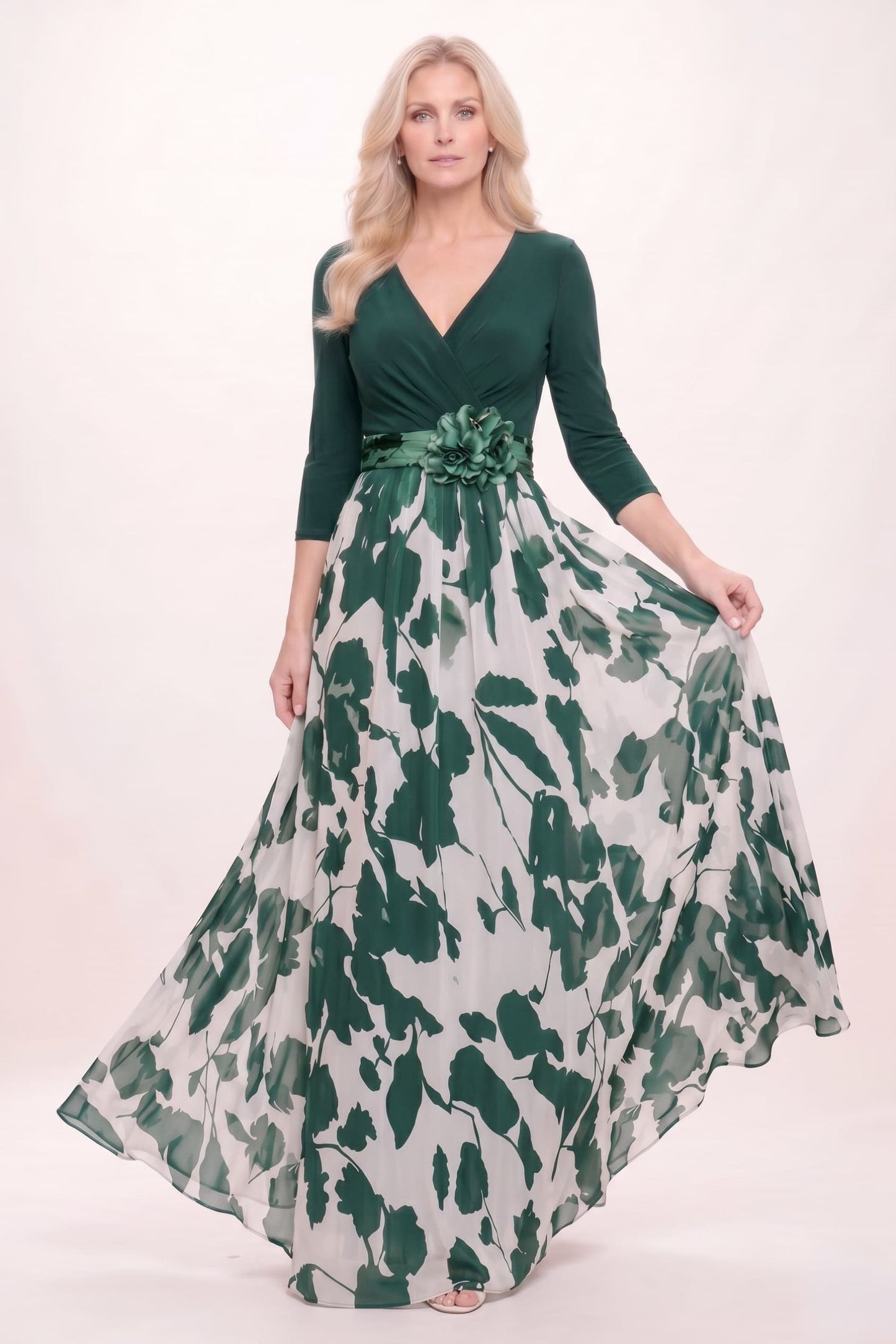 A-Line Maxi Stretch Satin Printed Chiffon Mother of the Bride Dress CM0441