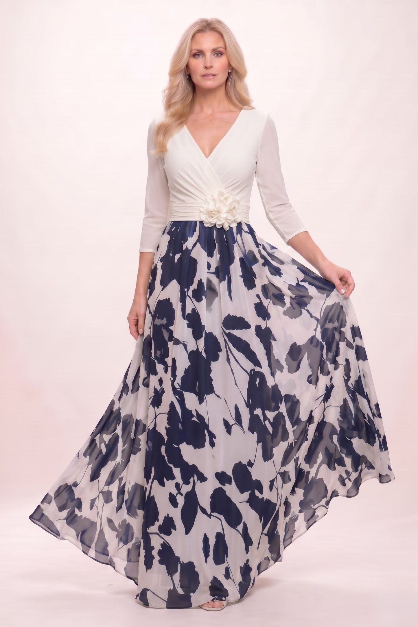 A-Line Maxi Stretch Satin Printed Chiffon Mother of the Bride Dress CM0441