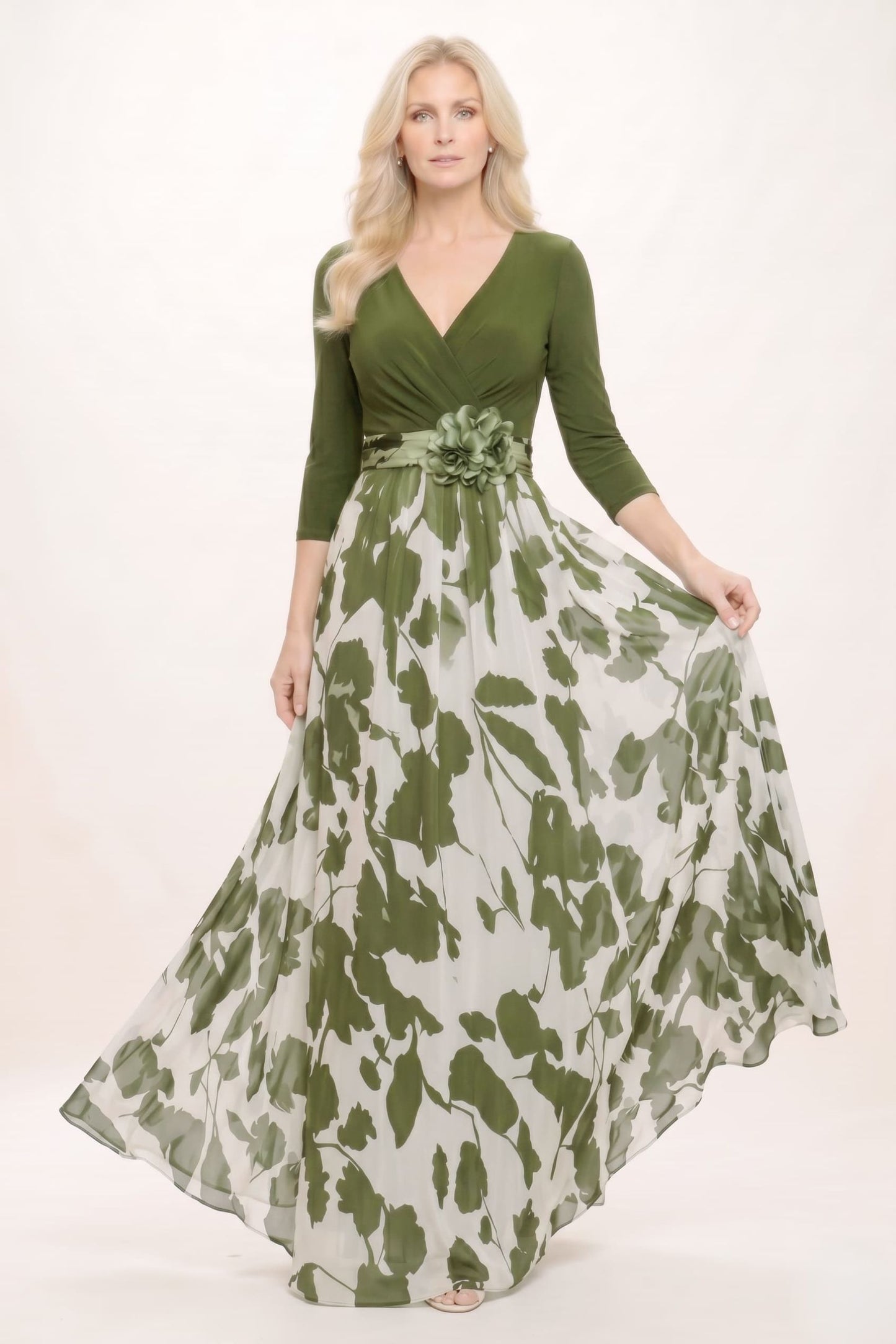 A-Line Maxi Stretch Satin Printed Chiffon Mother of the Bride Dress CM0441