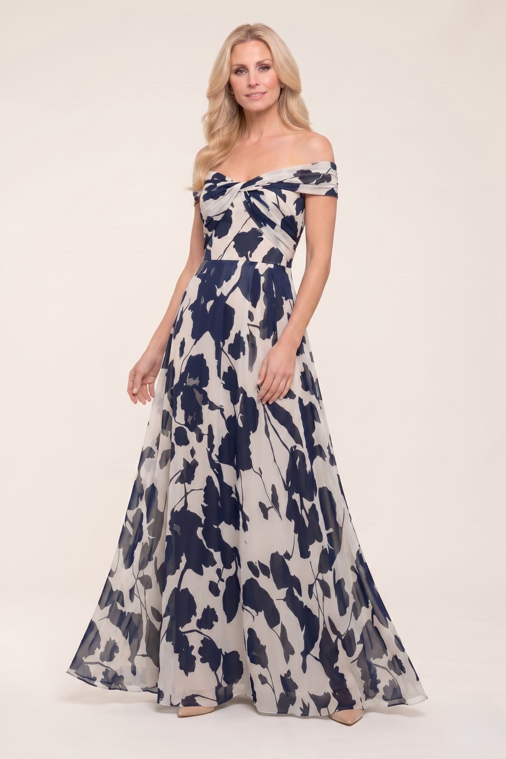 A-Line Maxi Printed Chiffon Mother of The Bride Dress Off The Shoulder Formal Dress COCOMELODY CM0443, Dusty Blue
