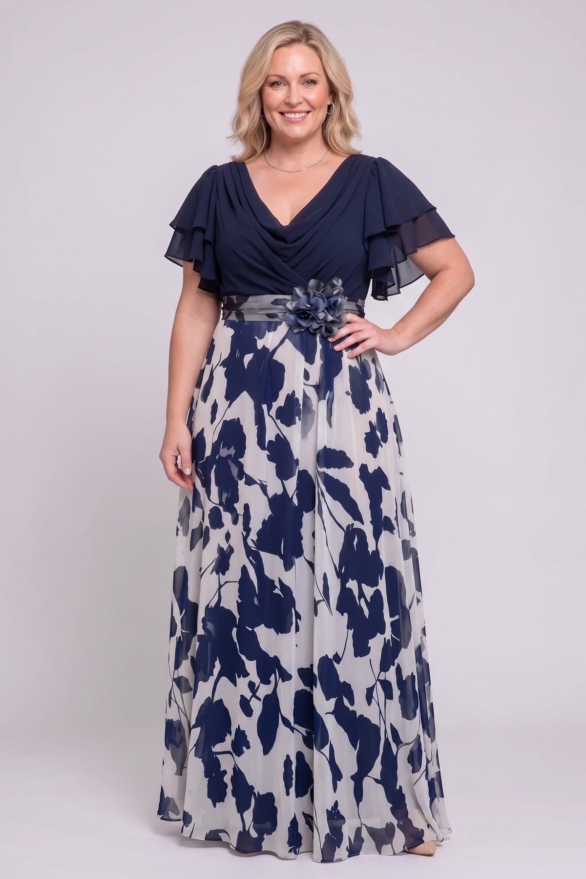 A-Line Maxi Printed Chiffon Mother of the Bride Dress CM0445 - Dark Navy - COCOMELODY
