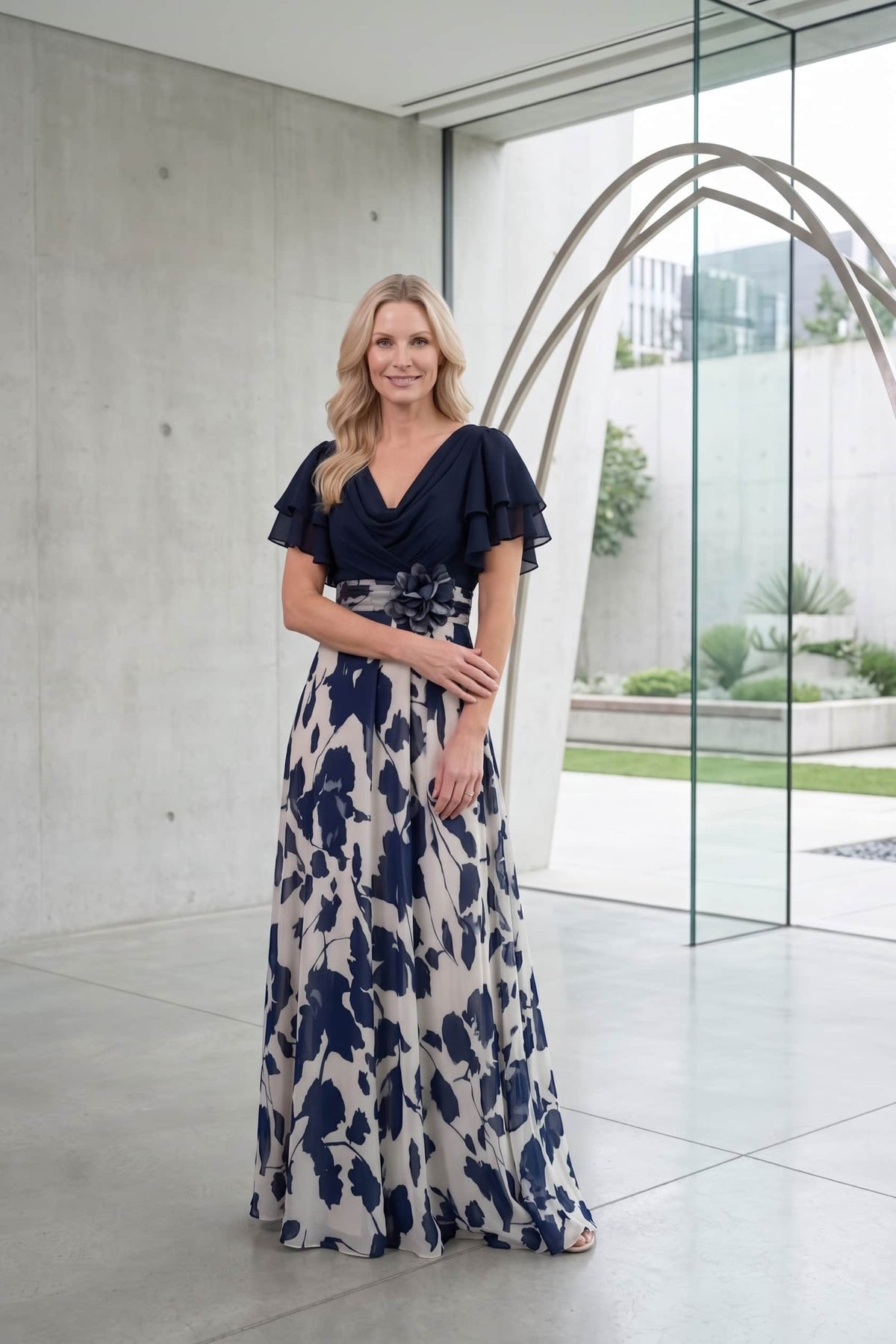A-Line Maxi Printed Chiffon Mother of the Bride Dress CM0445 - Dark Navy - COCOMELODY