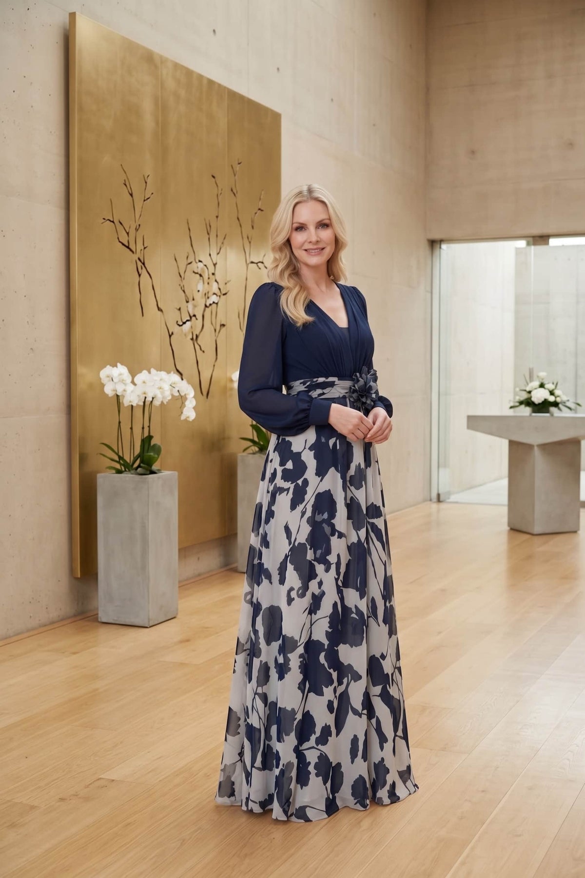 A-Line Maxi Printed Chiffon Mother of the Bride Dress CM0447 - Dark Navy - COCOMELODY