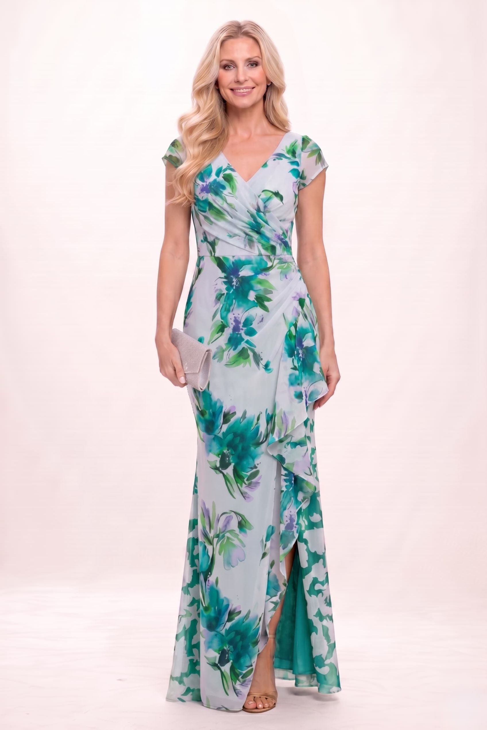 Sheath-Column Maxi Printed Chiffon Mother of the Bride Dress with