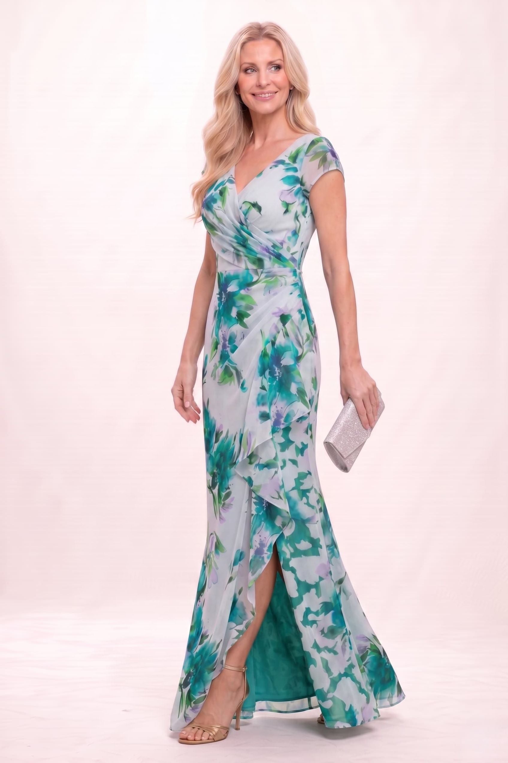 Sheath-Column Maxi Printed Chiffon Mother of the Bride Dress with