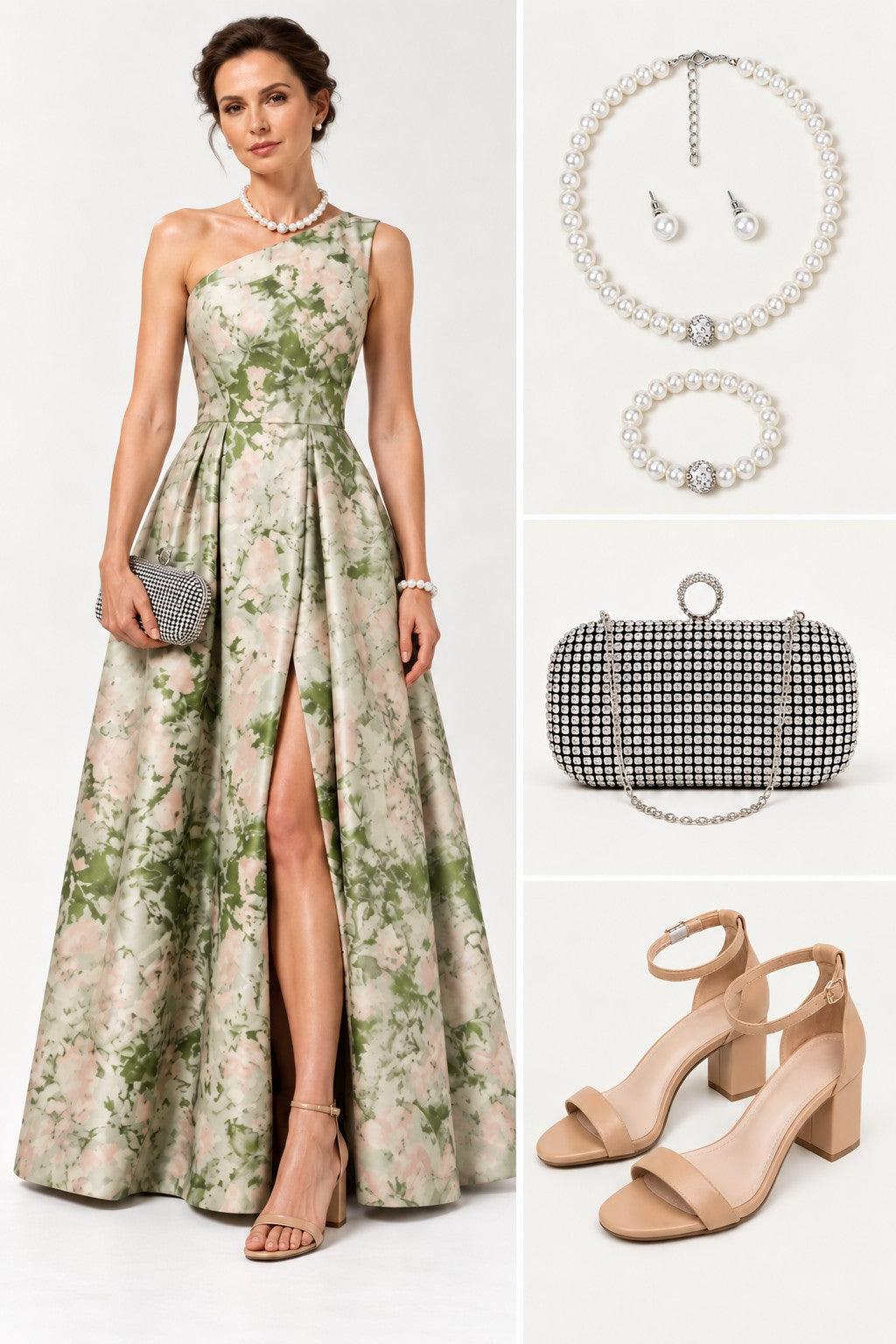 A-Line Floor Length Jacquard Mother of the Bride Dress CM0463 - Green Floral - COCOMELODY