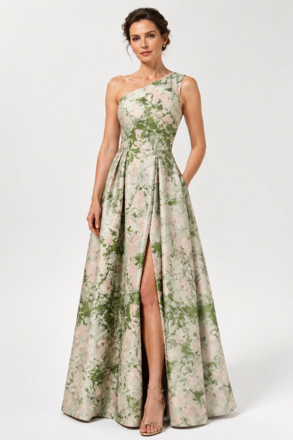 A-Line Floor Length Jacquard Mother of the Bride Dress CM0463 - Green Floral - COCOMELODY