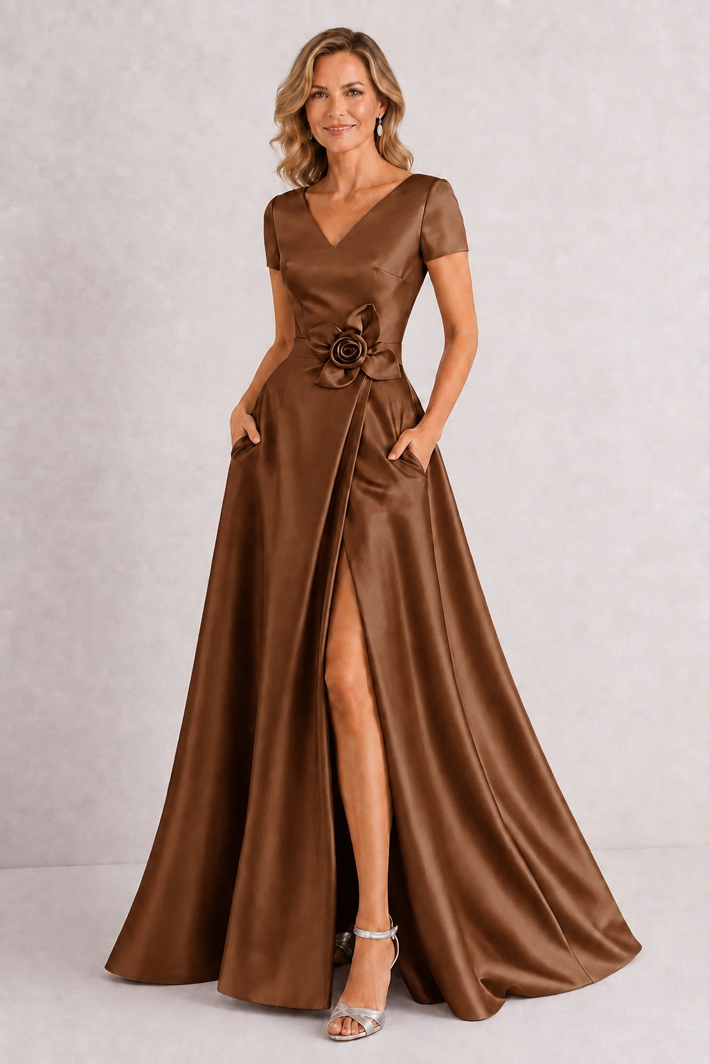 A-Line Floor Length Satin Mother of the Bride Dress CM0471 - Baked Clay - COCOMELODY