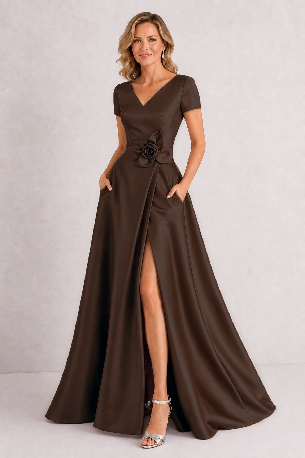 A-Line Floor Length Satin Mother of the Bride Dress CM0471 - Bitter Chocolate - COCOMELODY