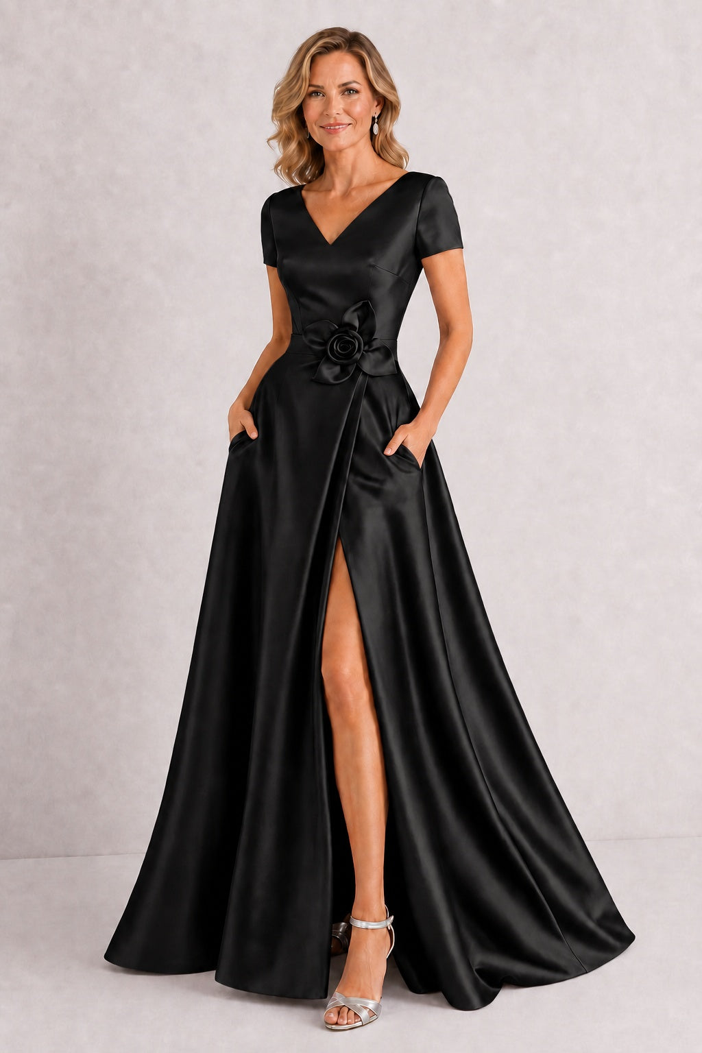 A-Line Floor Length Satin Mother of the Bride Dress CM0471 - Black - COCOMELODY