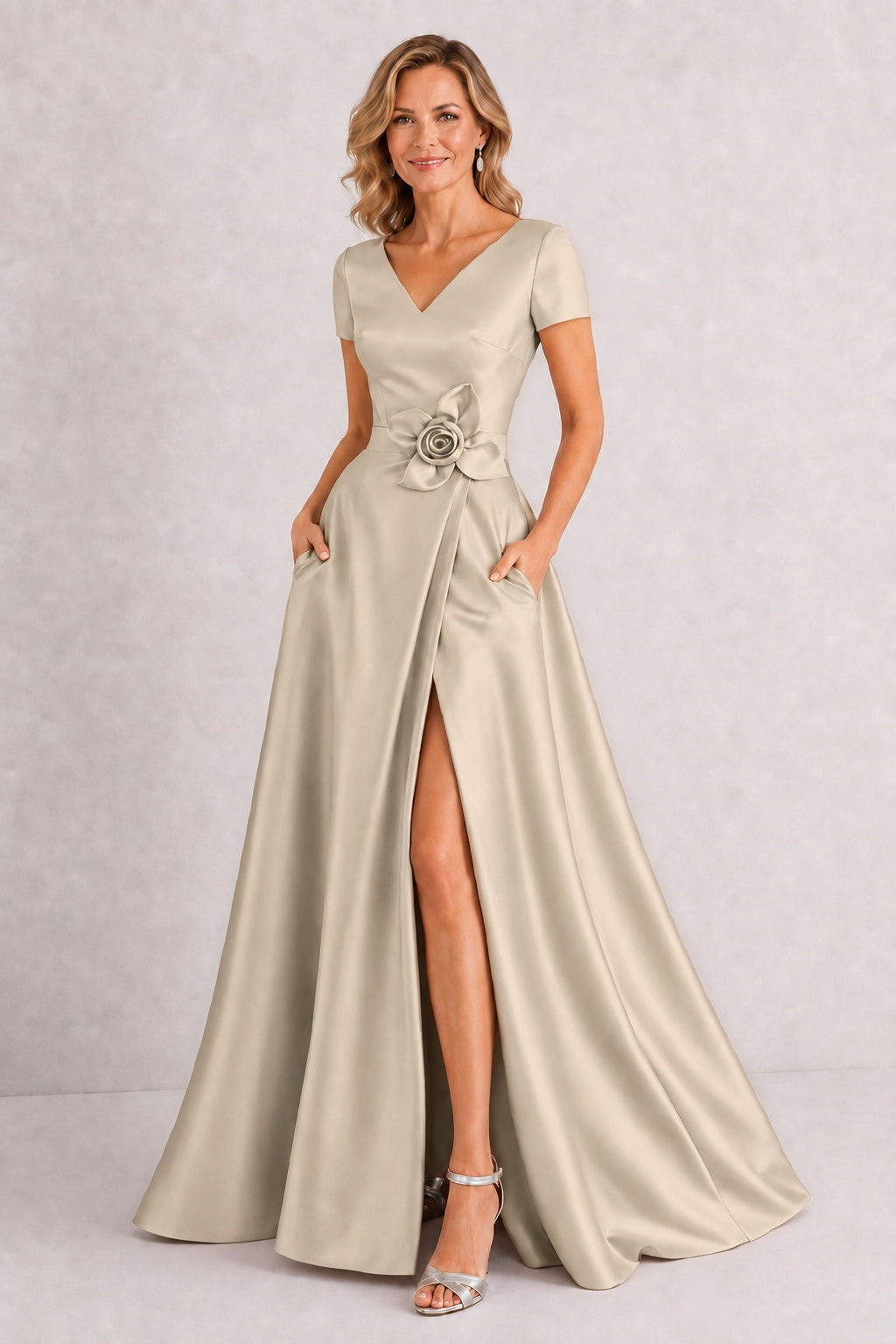 A-Line Floor Length Satin Mother of the Bride Dress CM0471 - Champagne - COCOMELODY