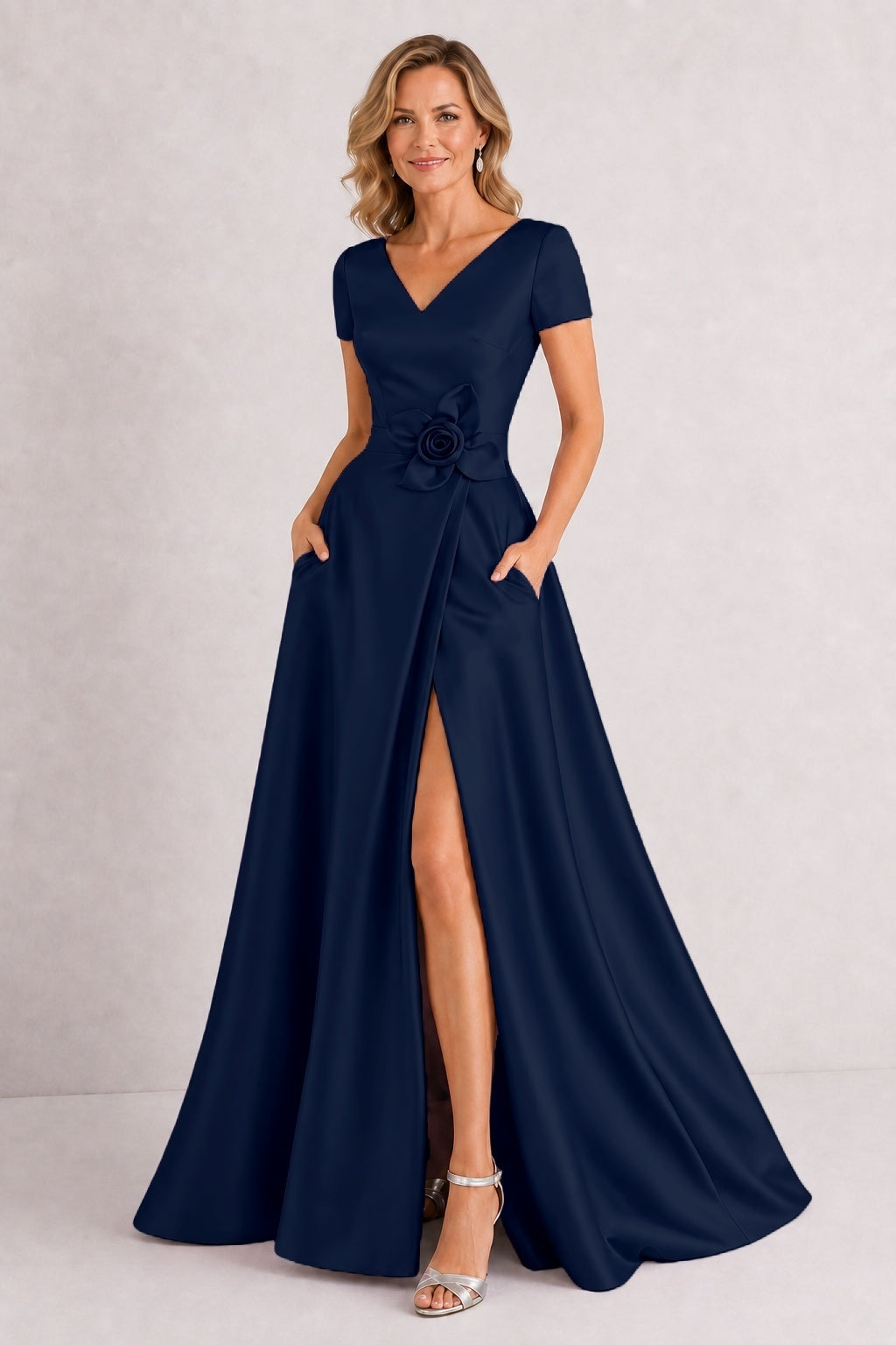 A-Line Floor Length Satin Mother of the Bride Dress CM0471 - Dark Navy - COCOMELODY