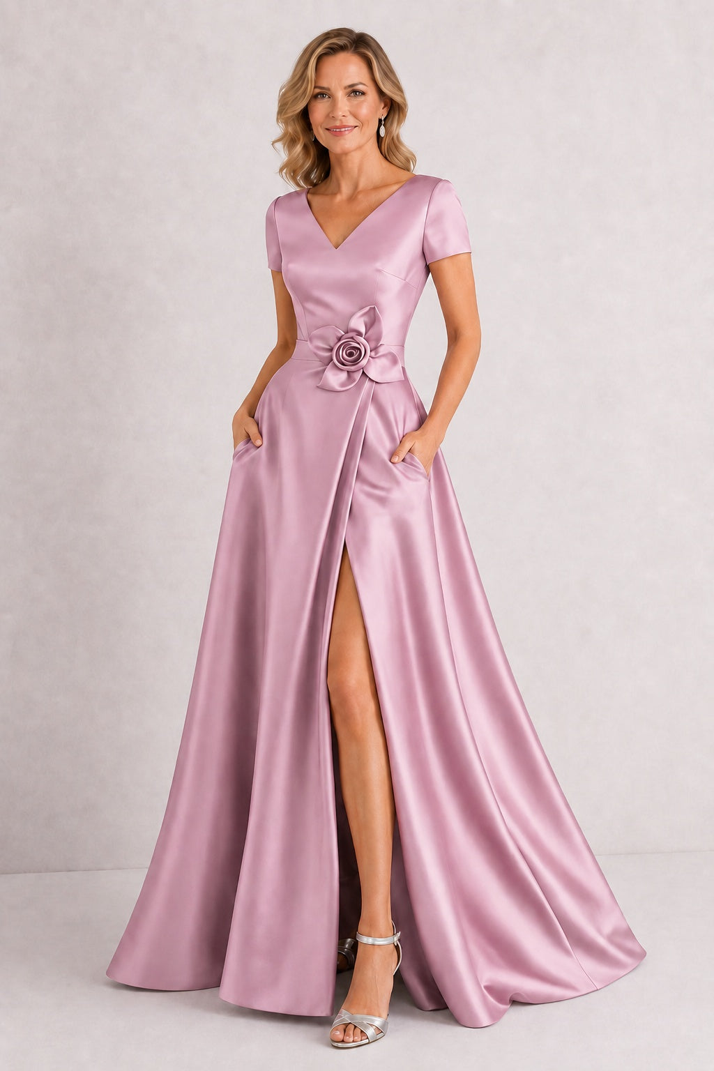 A-Line Floor Length Satin Mother of the Bride Dress CM0471 - Dusty Rose - COCOMELODY