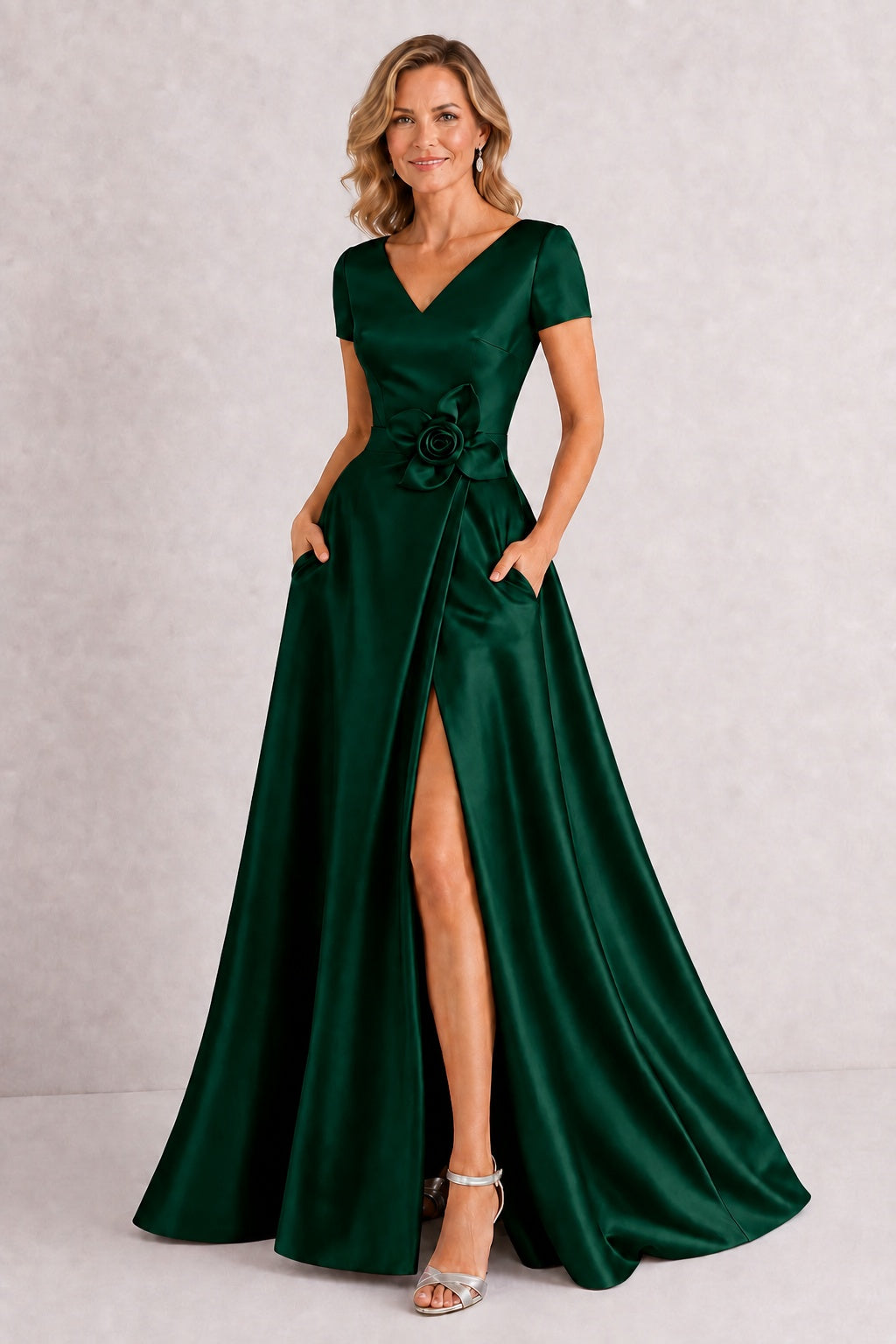 A-Line Floor Length Satin Mother of the Bride Dress CM0471 - Hunter Green - COCOMELODY