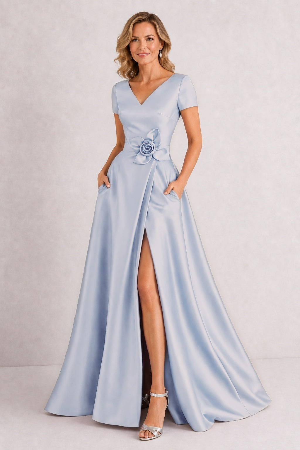 A-Line Floor Length Satin Mother of the Bride Dress CM0471 - Light Blue - COCOMELODY