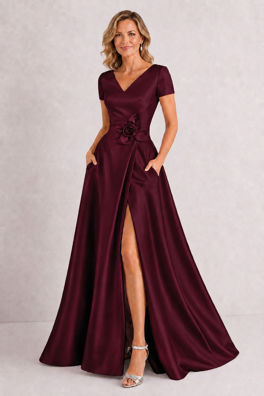 A-Line Floor Length Satin Mother of the Bride Dress CM0471 - Mulberry - COCOMELODY